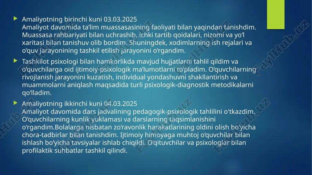 , o‘z hududida eng ko‘p uchraydigan kasblar haqida taqdimotlar tayyorladi va ularning kelajagi haqida fikr almashishdi. mashg‘ulot yakunida kasb tanlash bo‘yicha foydali tavsiyalar berildi. amaliyotning to’qqizinchi kuni 13.03.2025 amaliyot davomida biriktirilgan sinf (guruh)larning dars jarayonlarini kuzatdim. darslarning tashkil etilishi, o‘quvchilarning ishtiroki va faolligi, o‘qituvchilarning dars o‘tish uslubi hamda pedagogik yondashuvlar tahlil qilindi.kuzatuv jarayonida o‘quvchilarning o‘zaro munosabatlari, psixologik muhit va motivatsiya darajasi baholandi. dars davomida yuzaga kelgan muammolar va ularni bartaraf etish bo‘yicha tavsiyalar ishlab chiqildi. shuningdek, o‘qituvchilarga dars samaradorligini oshirish va individual yondashuvni kuchaytirish bo‘yicha fikr-mulohazalar bildirildi. amaliyotning o’ninchi kuni 14.03.2025 sinf rahbari talabnomasiga asosan, autodestruktiv va destruktiv xulq-atvorga moyilligi mavjud o‘quvchilar bilan korrektsion tadbirlar o‘tkazildi. o‘quvchilarning psixologik holati baholanib, individual suhbatlar tashkil etildi.korreksion tadbirlar doirasida o‘quvchilarning ijtimoiy-emotsional holatini barqarorlashtirish, o‘zini anglash va boshqarish ko‘nikmalarini rivojlantirishga yo‘naltirilgan mashg‘ulotlar o‘tkazildi. shuningdek, sinf rahbari va ota-onalar bilan hamkorlikda profilaktik chora-tadbirlar belgilandi va tavsiyalar berildi. amaliyotning o’n birinchi kuni 15.03.2025 o‘quvchilarning motivatsiyasini kuchaytirish …