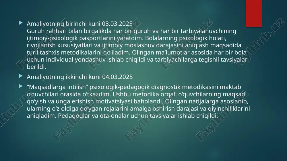 kazildi. amaliyotning o’n ikkinchi kuni 17.03.2025 “hayvonlar yo‘qolib qoldi” proyektiv texnikasi orqali o‘quvchilarning ijodiy tafakkuri, hissiy holati va psixologik muammolarini aniqlash bo‘yicha ish olib bordim. o‘quvchilar o‘z tasavvurlariga ko‘ra hayvonlarni tasvirlab, ularning yo‘qolish sabablarini tushuntirdilar. natijalar tahlil qilinib, bolalarning ichki dunyosi va hissiy holatini yaxshiroq tushunishga yordam berildi. amaliyotning o’n uchinchi kuni 18.03.2025 “odam—odam” tizimiga oid kasblar bo‘yicha o‘quvchilar uchun “kasbiy bilim va maslahat oyligi” tashkil etildi. ushbu tadbir davomida kasb tanlashga yo‘naltirish, kasbiy qiziqishlarni aniqlash hamda kasblar haqida ma’lumot berishga qaratilgan trening va suhbatlar o‘tkazildi. o‘quvchilarga kasb tanlash jarayonida e’tibor berish lozim bo‘lgan omillar tushuntirildi va ular o‘z qiziqishlari asosida kelajak rejalari ustida ishlashga rag‘batlantirildi. amaliyotning o’n to’rinchi kuni 19.03.2025 “qiziqishlar xaritasi” psixologik-pedagogik diagnostikasi o‘tkazilib, o‘quvchilarning kasb-hunarga bo‘lgan qiziqishlari aniqlandi. olingan natijalar asosida individual va guruhiy yo‘nalishlar bo‘yicha ma’lumotlar bazasi shakllantirildi. ushbu baza o‘quvchilarga kasb tanlashda yo‘l-yo‘riq ko‘rsatish va ularning kelajakdagi kasbiy yo‘nalishlarini aniqlashda yordam beradi. amaliyotning o’n beshinchi …