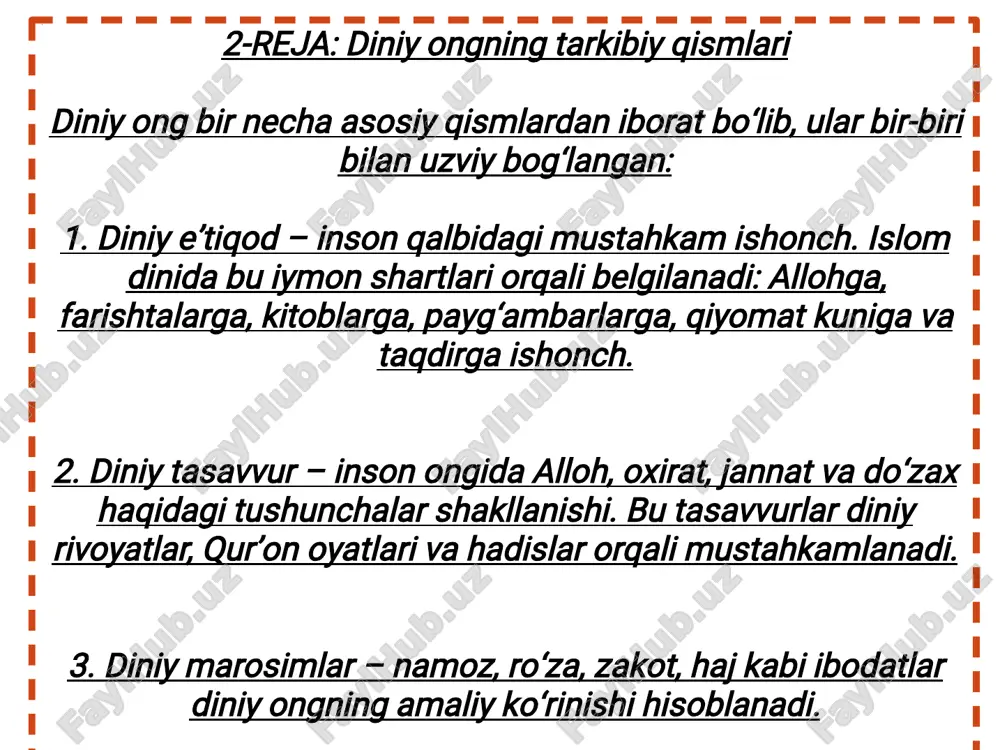 ishiga katta ta’sir ko‘rsatadi.�� diniy ta’lim – madrasalar, diniy maktablar, diniy kitoblar orqali.�� shaxsiy tajriba – insonning o‘zi boshidan kechirgan hayotiy sinovlari diniy ongini mustahkamlaydi. axloqiy tartibga solish – insonlarni to‘g‘ri yo‘lga boshlaydi.�� ma’naviy tayanch – ruhiy bosimlarni yengishda yordam beradi.�� jamiyatni birlashtirish – diniy marosimlar orqali odamlarni birlashtiradi.�� umid va ma’no berish – hayotga maqsad bag‘ishlaydi.��� 5. diniy ongning ijtimoiy ahamiyati�� diniy ong jamiyatda adolat, insonparvarlik, tinchlik va totuvlikni ta’minlashda muhim ahamiyatga ega.�� 6. diniy ongning rivojlanish bosqichlari�� ilk diniy tasavvurlar – insoniyat tarixida ibtidoiy e’tiqodlardan boshlangan.�� an’anaviy dinlar – buddaviylik, xristianlik, islom va boshqa dinlarning shakllanishi.�� zamonaviy diniy ong – ilm-fan va madaniyat bilan uyg‘unlashgan diniy qarashlar.� din sifatida qabul qilinishiga ruxsat etilgan narsa haqiqatan ham borliq va voqelikning oliy va yakuniy masalalari, ikkinchi tomondan, axloq qoidalari va qoidalari bo'yicha aniq bayonotlar to'plami edi. ikkinchisi birinchisiga asoslangan e'tiqod asosida bajarilishi kerak edi. ikkalasi ham bir-biriga bog'langan va bir- …