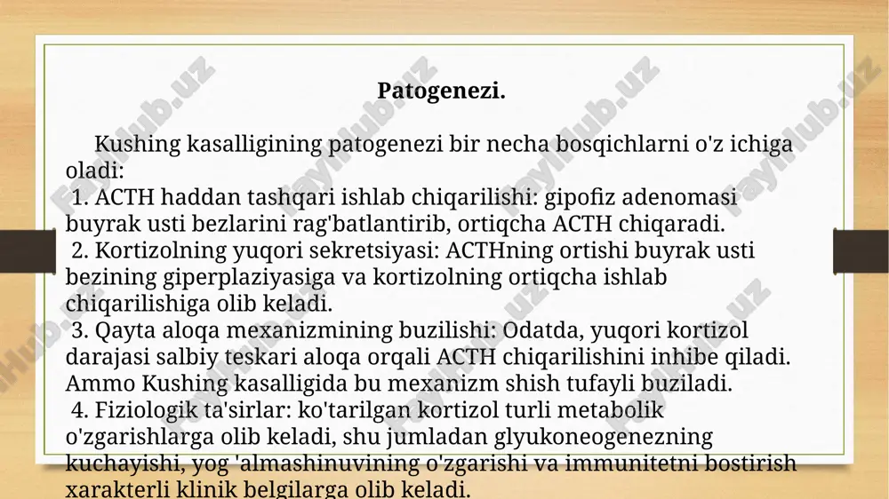 ligi va arterial gipertenziyani davolash uchun simptomatik terapiya otkazish zarur. yurak- tomir yetishmovchiligida ; yurak glikozzidlari va digitalis preparatlari. osteoporoz,yiringli asoratlar,pielonefrit va ruhiy buzilishlarni davolash kerak bo’ladi. retabolil 0,5 mg 10 kunda bir osteoporozlarda kalsitonin va bifosfanatlar qo’lamilladi. immuntanqislik holatlarida timalin va t-aktivin tavsiya qilinadi. image7.png image8.png image9.png image10.jpg image11.png image12.png image13.png image3.png image4.png /docprops/thumbnail.jpeg