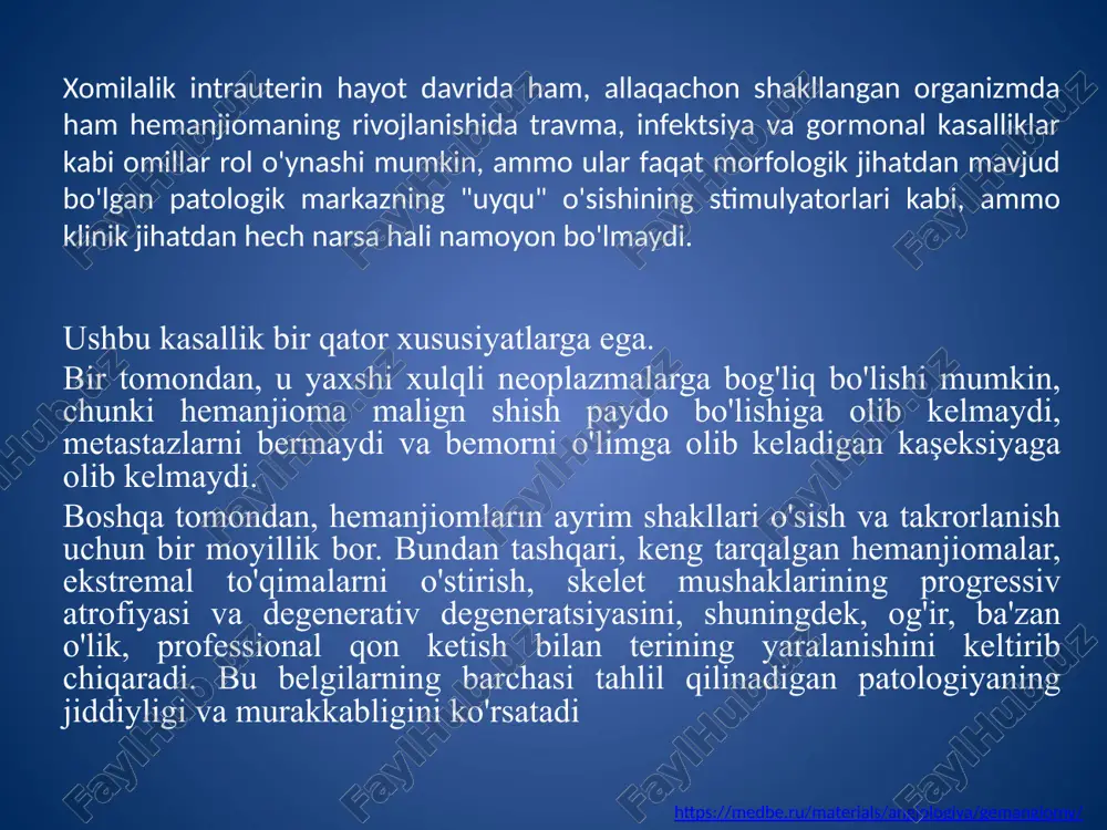 hi keksa erkaklar; ekvatorial afrikaning yuzlari; transplantatsiya qilingan organlar (qabul qiluvchilar) bo'lgan shaxslar. sabablari va tarqalishi: klinik-epidemiologik ks 3 shakllariga bo'linadi klassik yoki tasodifiy afrika yoki endemik yatrogen sk (transplantatsiya qilingan organlarni qabul qiluvchilarda va immunosupressiv terapiyadan o'tgan saraton kasalliklarida uchraydi) sc epidemik yoki oits bilan bog'liq odatda o'simta binafsha rangga ega, ammo rangi turli xil soyalarga ega bo'lishi mumkin: qizil, binafsha yoki jigarrang.o'simta tekis bo'lishi mumkin yoki teri ustida bir oz ko'tariladi, og'riqsiz dog'lar yoki nodullar. deyarli har doim teri ustida, kamroq — ichki organlarda joylashgan. kaposhi sarkomasi ko'pincha osmon shilliq qavatiga, limfa tugunlariga zarar etkazadi . kasallikning davomiyligi sekin. oiv infektsiyasida kaposhi sarkomasini aniqlash oits tashxisi uchun asos yaratadi. patologik anatomiya: shish paydo bo'lishining histologik tuzilishi turli xil xaotik tarzda joylashtirilgan nozik devorli yangi hosil bo'lgan tomirlar va shpil shaklidagi hujayralar to'plamlari bilan tavsiflanadi . o'simta limfotsitlar va makrofaglar bilan infiltratsiya bilan tavsiflanadi . shish paydo bo'lishining qon …