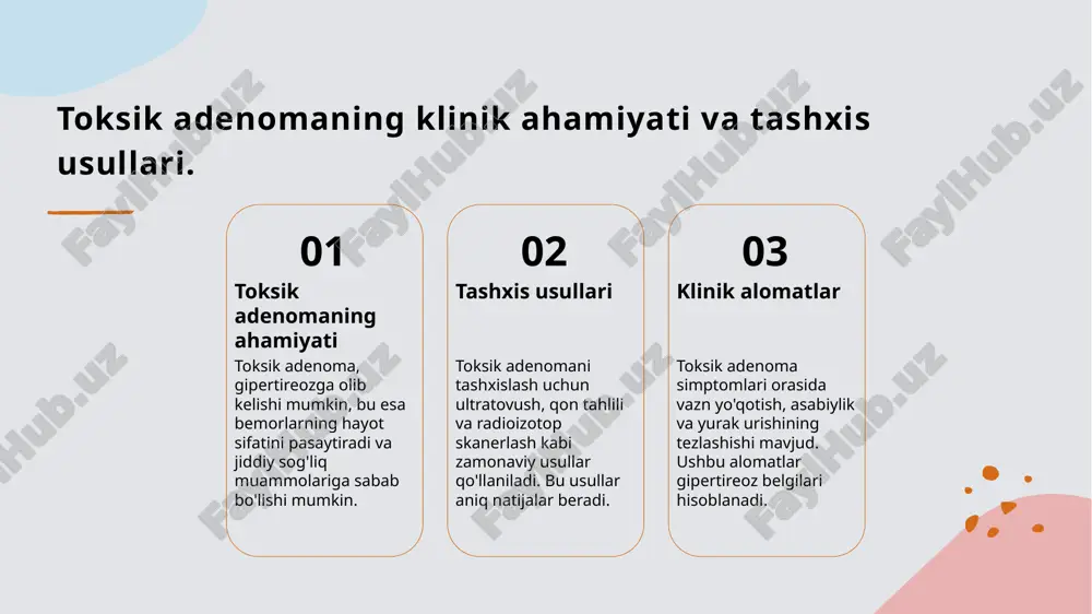 shi ehtimoli mavjud. tiroksin va trijodtironin: gormonlarning roli. 1 tiroksin: ta'rifi tiroksin, qalqonsimon bez tomonidan ishlab chiqariladigan asosiy gormondir. u tanadagi metabolizm, energiya ishlab chiqarish va o'sishni boshqaradi. 2 trijodtironin: roli trijodtironin, tiroksin bilan birgalikda, tananing har bir hujayrasida energiya va metabolizm jarayonlarini muvozanatlaydi, shuningdek, organizmning rivojlanishini ta'minlaydi. 3 gormonlar va gipertireoz tiroksin va trijodtironin yuqori darajada ishlab chiqarilganda gipertireoz rivojlanishi mumkin, bu esa tez yurak urishi va vazn yo'qotish kabi simptomlarga olib keladi. toksik adenoma va gipertireoz: klinik ko'rinishlar. 01 toksik adenoma belgilari toksik adenoma belgilari gipertireozning umumiy alomatlarini o'z ichiga oladi: tez yurak urishi, vazn yo'qotish va asabiylik. bu simptomlar bemorning hayot sifatini pasaytiradi. 02 gipertireoz va diagnostika gipertireozni aniqlash uchun qon tahlillari, ultratovush va radiyodiyotlar o'tkaziladi. bu usullar toksik adenomaning mavjudligini va faoliyatini aniqlashga yordam beradi. 03 davolash yondashuvlari toksik adenomani davolashda radioaktiv yod va jarrohlik usullari qo'llaniladi. bu yondashuvlar gipertireoz belgilari va oqibatlarini kamaytiradi. xulosa toksik …