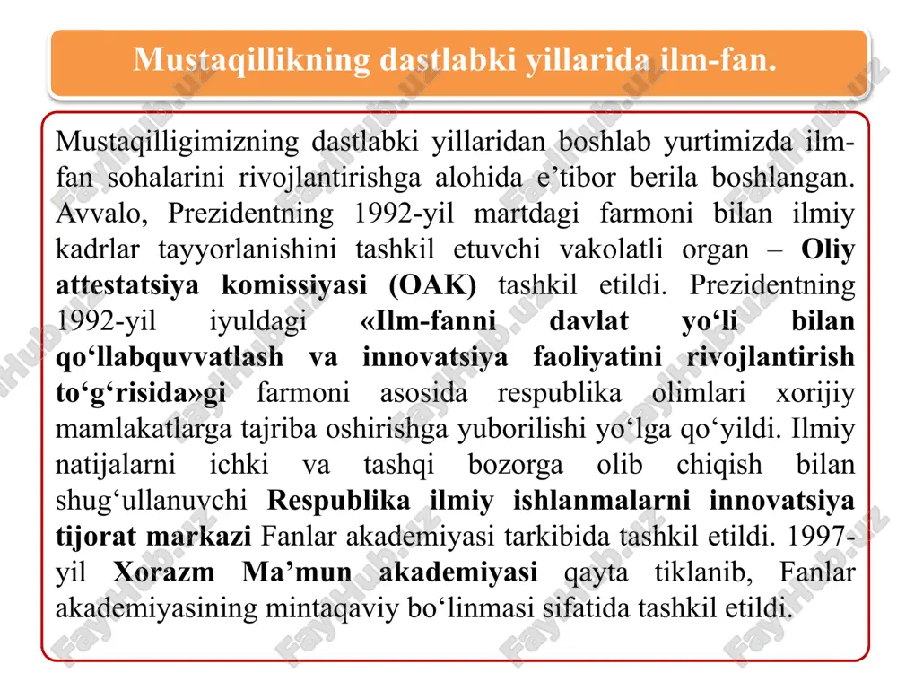 a’zoligiga oxirgi saylovlar 1995-yilda o‘tkazilgan edi. o‘tgan yillar mobaynida akademiklarning soni 2martadan ko‘proqqa qisqardi va 2017-yilga kelib akademiyaning atigi 63 nafar haqiqiy a’zosi qolgan edi. o‘zbekiston respublikasi prezidentining 2017-yil 29-dekabrdagi «o‘zbekiston respublikasi fanlar akademiyasining haqiqiy a’zolarini tasdiqlash to‘g‘risida»gi tarixiy farmoni bilan 22 yillik uzoq tanaffusdan so‘ng fanlar akademiyasining 32 nafar yangi haqiqiy a’zolari tasdiqlandi. 2018-yilga kelib ilmiy tadqiqot bilan shug‘ullanuvchi 400 ta muassasa ro‘yxatga olingan bo‘lib, fan sohasida 36 ming mutaxassis, jumladan, 2 mingdan ortiq fan doktori va 9 mingdan ortiq fan nomzodi faoliyat olib bormoqda. obrazets teksta vtoroy uroven tretiy uroven chetvertiy uroven pyatiy uroven 1 - reja o‘zbekiston respublikasi innovatsion rivojlanish vazirligi reja: 2. “ta’lim to’g’risida”gi qonun va “kadrlar tayyorlash milliy dasturi” 12 mustaqillikning dastlabki yillarida ta’lim tizimi. 13 madaniy-ma’naviy rivojlanishning eng muhim poydevori – ta’lim tizimidir. chunki zamon talablariga javob beradigankadrlarni yetishtirmasdan jamiyatni yuksaltirib bo‘lmaydi. o‘zbekistonda 1992-yil 2-iyulda «ta’lim to‘g‘risida»gi qonun qabul qilindi va bu qonunga asosan …