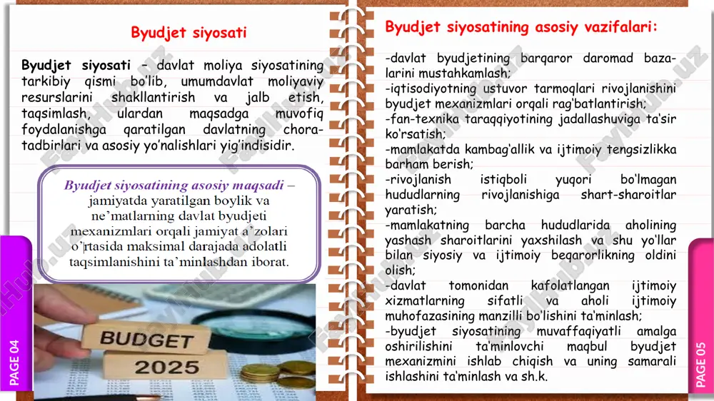 ning buyrug'i, 22.12.2010 yilda ro'yxatdan o'tgan, ro'yxat raqami 2169 - iqtisodiyotni yanada rivojlantirish va liberallashtirishga yo’naltirilgan makroiqtisodiy barqarorlikni mustahkamlash va yuqori iqtisodiy o’sish sur’atlarini saqlab qolish, - milliy iqtisodiyotning raqobatbardoshligini oshirish, qishloq xo’jaligini modernizatsiya qilish va jadal rivojlantirish, - iqtisodiyotda davlat ishtirokini kamaytirish bo’yicha institutsional va tarkibiy islohotlarni davom ettirish, - xususiy mulk huquqini himoya qilish va uning ustuvor mavqeini yanada kuchaytirish, - kichik biznes va xususiy tadbirkorlik rivojini rag’batlantirish, hududlar, tuman va shaharlarni kompleks va mutanosib holda ijtimoiy-iqtisodiy taraqqiy ettirish, - investitsiyaviy muhitni yaxshilash orqali mamlakatimiz iqtisodiyoti tarmoqlari va hududlariga xorijiy sarmoyalarni faol jalb etish. page 15 page 14 taraqqiyot strategiyasi (2022-2026-yillar) inson qadrini yuksaltirish va erkin fuqarolik jamiyatini yanada rivojlantirish orqali xalqparvar davlat barpo etish mamlakatimizda adolat va qonun ustuvorligi tamoyillarini taraqqiyotning eng asosiy va zarur shartiga aylantirish milliy iqtisodiyotni jadal rivojlantirish va yuqori o‘sish sur’atlarini ta’minlash adolatli ijtimoiy siyosat yuritish, inson kapitalini rivojlantirish ma’naviy taraqqiyotni ta’minlash va …