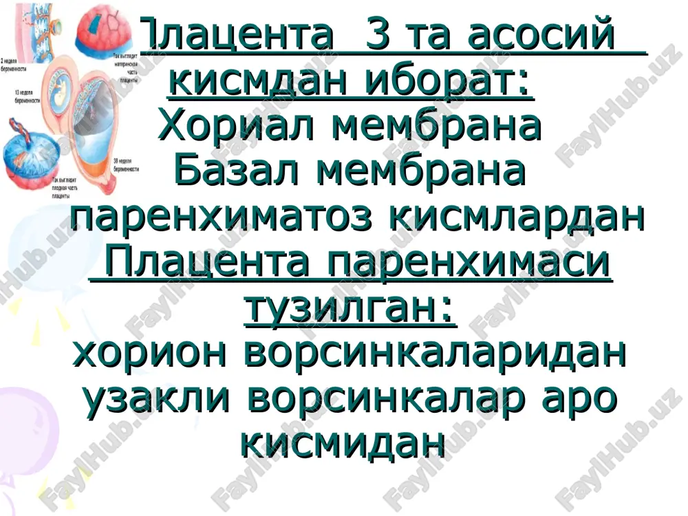 ashga karatilgan davo utkazishga asoslangan. bachadon tubi balandligini ulchash gestatsiya (xaftasi) balandligi (sm) bachadon tubi balandligini ulchash gestatsiya (xaftasi) balandligi (sm) davolash printsiplari: bachadon platsentar tizim tomirlarni kengaytirish bachadon mushaklarini bushashtirish (tokoliz) miometriy va platsentada metabolizmni yaxshilash emotsional tinchlik. v-mimetiklar (tokolitiklar) spazmolitiklar va tomir kengaytiruvchi preparatlar – eufillin, baralgin, maksigan, komplamin kurantil (kon tomirlarni kengaytiruvchi) geparin 5 tis. ed v/m kislorod na b/carbonat antigipoksantlar vitaminlar va aminokislotalar. poliklinika sharoitida davolash sxemasi: xomiladorlikni asosiy patologiyasini davolash. oksigenoterapiya. energetik almashinuvga ta'sir kiluvchi preparatlar. glutamin kislota 0,1 g *3 maxal kuniga yoki metionin 0,5 g * 3 maxal kuniga. galaskorbin 0,5 g* 3 maxal kuniga. temir preparatlari. kokarboksilaza 10 mg t\i. vazoaktiv preparatlar: trental, kurantil, eufilin t/i 4-6 xafta mobaynida. reopoliglyukin 400-500 ml 10% eritma t/i tomchilab 2-3 marta xaftada. szp 150 mg t/i tomchilab, agar konda oksil mikdori 60 g\l dan kam bulsa. kup mikdorda glyukoza kullanilganda: insulin 1ed 4 g kuruk …