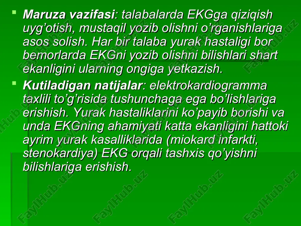 radi. bunday holat kuchli his hayajondan, og’ir mehnat faoliyatidan, so’ng hamda yurak nuqsonlarida uchraydi. sinusli bradikardiya: sog’lom odamlarda sovuq ob-havo ta’sirida, yoki sport muntazam shug’illanuvchilarda uchraydi. sinusli bradikardiya miya o’smalari, meningit, miyaga qon qo’yilishi qabilarda bosh ichki bosimning oshishida, miokard infarktining ba’zi turlarida ro’y beradi. sinus taxikardiyasi, bradikardiyasi va aritmiyasi yurak ritmi buzilishlarida ekg ko’rinishi ekstrasistoliya yurakning navbatdan tashqari favqulotdagi qisqarishi. yurak o’tkazuvchi qismlaridagi o’tkazuvchi nuqtalarning qayta qo’zg’alishidan paydo bo’ladi. ekstrasistoliya bo’lmachalar ekstrasistolasiga quydagilar xosdir: - yurak kompleksning navbatdan tashqari hosil bo’lishi - r – tishchaning saqlanishi va uning t-tishcha ustiga tushib qolishi. qrs qorincha kompleksning normal holda qolishi. - t – r diastolik pauzaning uzayishi. bo’lmachalar ekstrasistoliyasi qorinchalar ekstrasistolasi: - navbatdagi tashqari qrs qorincha kompleks hosil bo’lishi. - r – tishchaning yo’qolishi - qrs – kompleksning deformasi, uning quvvati va davomiyligining o’zgarishi - t – tishchaning o’zgarishi qorinchalar ekstrasistolasi ekstrasistolaning bitta normal impulsdan keyin kelishi - bigemeniya ekstrasistolaning ikkitadan …
