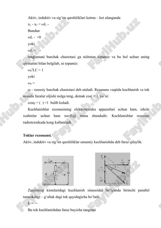 rga keltirilgan energiyani taxminan o’shanday miqdorda ikkilamchi zanjirga uzatadi (transformatsiyalaydi). transformator faqat tok i1 va kuchlanish u1ning miqdorlarini tegishlicha i2 va u2ga o’zgartiradi, lekin keltirilayotgan energiya miqdorini o’zgartirolmaydi. manbadan keltirilayotgan energiyaning miqdori transformatorning chiqish qismidagi yuklama bilan rostlanadi. transformator elektrotexnika sohasida eng ko’p tarqalgan apparatdir. uning yordamida turli energiya iste’molchilarining kuchlanishlari standart (0,22 kv, 0,38 kv, kv, 3 kv, 6 kv, 35 kv, 110 kv, 220 kv va h.k.) kuchlanishlarga keltirilib, 50 gts chastotali manba kuchlanishlari bilan moslashtiriladi. katta quvvatli transformatorda w1 va w2 chulg’amlar maxsus magnit o’tkazgich (po’lat o’zak) orqali birlashtirilgan bo’lib, u orqali chulg’amlararo induktiv bog’lanish hosil qilinadi. ulardagi fizik jarayonlar yuqorida ko’rib o’tilganlarga nisbatan ancha murakkabdir. bu to’g’rida tegishli ma’lumotlar keyingi boblarda bayon qilinadi. adabiyotlar: 1. a. karimov. nazariy elektrotexnika. i qism. – toshkent, 2003. 2. l.r.neyman, k.s.demirchyan. teoreticheskie osnovi elektrotexniki. – moskva, 2006. 3. g.i.atabekov. teoreticheskie osnovi elektrotexniki. – moskva, 1998. 4. g.v.zeveke, o.a.ionkin, a.v.netushil, s.v.straxov. …