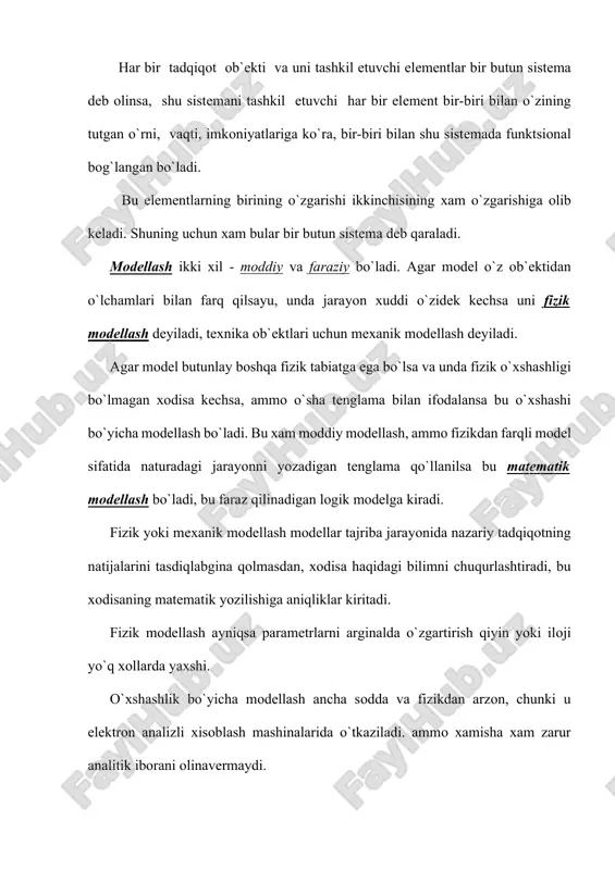 haklar o`xshashligini eslaymiz. unda o`xshashlik shartlarini buzmagan xolda ko`plab xar xil kattalikdagi uchburchaklar olish mumkin. bu geometrik o`xshashlik. mexanik o`xshashlik – geometrik o`xshashlikning yuqoriroq darajasi. bunda geometrik o`xshashlikka rioya qilish shart, bundan tashqari modelning fizik parametrlari naturalnikiga o`xshash bo`lishi xam kerak. masalan, modelning massa, kuch, solishtirma bosimlari naturadaginikiga o`xshashi kerak. o`rganilayotgan xodisaga o`ta ta`sir qiladiganlarinikiga tarqatiladi. natur ob`ektida materialning ichki zo`riqishi tekshirilayotgan jarayonga ta`siri bo`lmasa, model xar qanday materialdan tayyorlanishi mumkin, chunki material o`xshashligi shart emas. geometrik va fizik o`xshashlik ularning bir xil sharti deyiladi. bu model va natur bir xil parametrlar bilan xarakterlanadi. ikki ob`ekt yoki xodisa o`xshashligi shundan iboratki, ularning mos aniqlovchi xarakteristikalari faqat masshtabi bilan farqlanadi va u o`xshashlik koeffitsenti yoki o`zgartirishning ko`paytuvchisi deyiladi. shunday qilib modeldan naturaga, yo teskari qayta xisoblanadigan va mos ko`paytuvchiga oshirishdan tuziladi. masalan, agar natur ob`ekt mn – massa, n – uzunlik va n – tezlik bilan xarakterlansa uning dinamik (mexanik) modeli …
