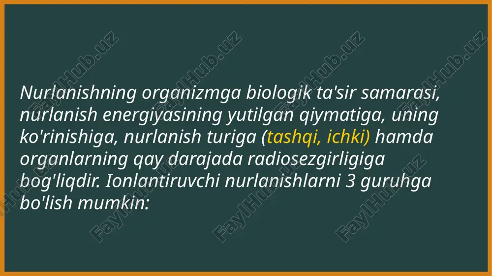 sh manbalarini qo'llash bilan bog'liq bo'lgan radiatsion havflarni kamaytirish dunyo amaliyotida qabul qilingan 3 ta asosiy prinsipga asoslanadi: -ionlovchi nurlanish manbalaridan nurlanish bilan bog'liq bo'lgan barcha faoliyat agar u ishdan foydadan ko'ra zarari ko'p bo'ladigan bo'lsa bajarilmasligi kerak: -iloji boricha shaxsiy doza miqdori va nurlangan shaxslar soni kam bo'lishi kerak; yopiq manbalar bilan ishlaydigan ishchilar me'yordagi ekspluatatsiy sharoitida faqat tashqi nurlanishga uchraydilar. aniqlanishicha izotop manbalaridan foydalanganda personal oladigan tashqi nurlanish dozasi manba aktivligi, ular bilan ishlash vaqti, gamma doimiy izotopga proporsional bo'ladi va masofa kvadratiga va nurni ekran bilan susaytirish karraligiga teskari proporsional bo'ladi. d=(qxkxxt):(kxr²) bu erda: d-nurlanish dozasi r q-manba faolligi, m ki k-manbaning gamma-doimiyligi t-manba bilan ishlash vaqti, saot r-manbadan ishchigacha bo'lgan masofa, sm haqiqatdan ham tashqi nurlanish dozasini kamaytirish uchun quyidagi 4 ta prinsipga asoslangan holda himoya ta'minlangan bo'lishi kerak: miqdor bilan himoyalanish-ishni ish joyida eng kichik faollik bilan olib borish. bu prinsip chegaralangan qo'llanishga ega, demak …