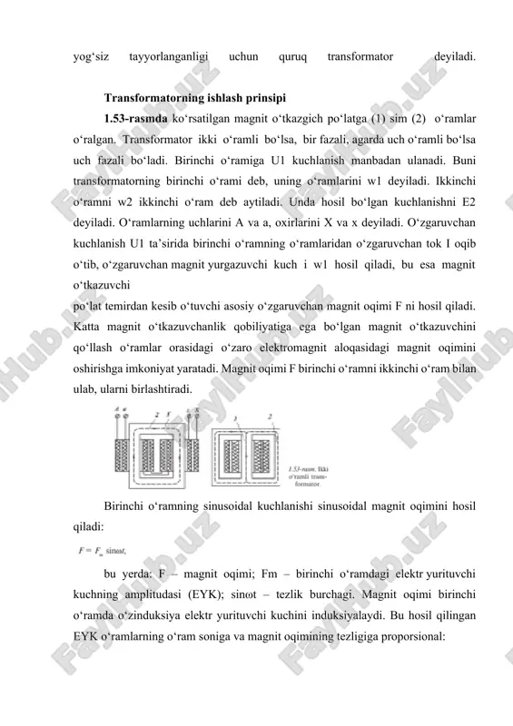 nsformator uch fazali tokni transformatsiya qilish uchun bir fazali transformatorlarni qo‘llash mumkin. 1.54-rasmda transformator guruhlarini ulash sxemasi keltirilgan. ularning o‘ramlarini yulduzcha yoki uchburchak shaklida ulash mumkin. amalda uch fazali transformatorlar qo‘llaniladi. uch fazali transformatorlarning yuqori kuchlanish tomonidagi o‘ramlarning uchlarini a, b, s bilan, oxirlarini x, y, z bilan belgilanadi. ikkinchi o‘ramlarning uchlari a, v, s bilan, oxirlari esa x, y, z bilan belgilanadi. transformatorlarda, asosan, uchburchak va yulduzchali ulanish usullari qo‘llaniladi. uch fazali transformatorlarning birinchi va ikkinchi o‘ramlari yulduzcha shaklida ulanishi eng arzon va sodda hisoblanadi, chunki ularning har bir o‘rami va izolatsiyasi (neytrali yerga ulanganda) faqat fazali kuchlanishga va lineyniy tokka hisoblangan bo‘ladi. transformatorlarning pastki kuchlanishi tomonida iste’molchilarga neytral simi kerak bo‘lmasa, u holda yulduzcha-uchburchak ulanishdagi katta quvvatli transformatorlar ishlatiladi. transformatorlarning lineyniy kuchlanishi nisbati uning o‘ramlarining ulanish turiga bog‘liq. avtotransformatorlar 1.56-rasmda avtotransformatorlarning prinsirial sxemasi keltirilgan. avtotransformatorlarda pastki kuchlanishning o‘ramlari yuqori kuchlanish o‘ramlarning qismi bo‘ladi. avtotransformatorlarda elektr energiya elektromagnit yo‘li …