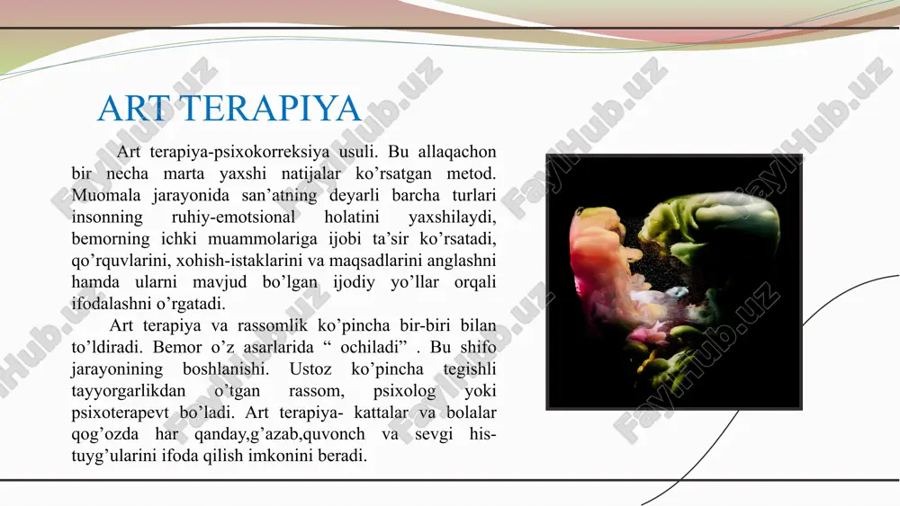 sh jarayonidir. ushbu metod yordamida bolalar va kattalar o'z his-tuyg'ularini anglashlari va muammolarini hal qilishlari mumkin. ertaklar orqali o'zaro muloqot osonlashadi. ertak terapiya eshitish qobiliyati cheklangan bolalarni reabilitsiya qilishda, xususan, koxlear implantatsiyadan keyin logoritmikani boshlashda ishlatiladi ertak terapiyasi ta'rifi ertak terapiyasi 15 16 ertak terapiyasining foydalari ertak terapiyasi bolalar va kattalar uchun hissiy rivojlanishni qo'llab-quvvatlaydi. ertaklar orqali o'z his-tuyg'ularini ifoda etish va muammolarni hal qilish imkoniyati yaratiladi. bu metod, o'zaro aloqalarni kuchaytiradi va o'zini anglashga yordam beradi. biblioterapiya va ertak terapiyasi, tarixan, davolash va ta'lim jarayonlarida qo'llanilgan. ularning rivojlanishi, zamonaviy psixologiya va san'at terapiyasi bilan bog'liq. rivojlanish tarixi biblioterapiya va ertak terapiyasi, stressni kamaytirish, hissiy barqarorlik va ijtimoiy ko'nikmalarni rivojlantirishda muhim rol o'ynaydi. ushbu metodlar, shuningdek, ruhiy salomatlikni yaxshilashga yordam beradi. foydalari san'at terapiyasi va uning turlari turli muassasalarda, jumladan, maktablar, klinikalar va psixologik xizmatlarda qo'llaniladi. bu metodlar, muammolarni hal qilishda va shaxsiy rivojlanishda samarali vosita sifatida xizmat qiladi. ular …