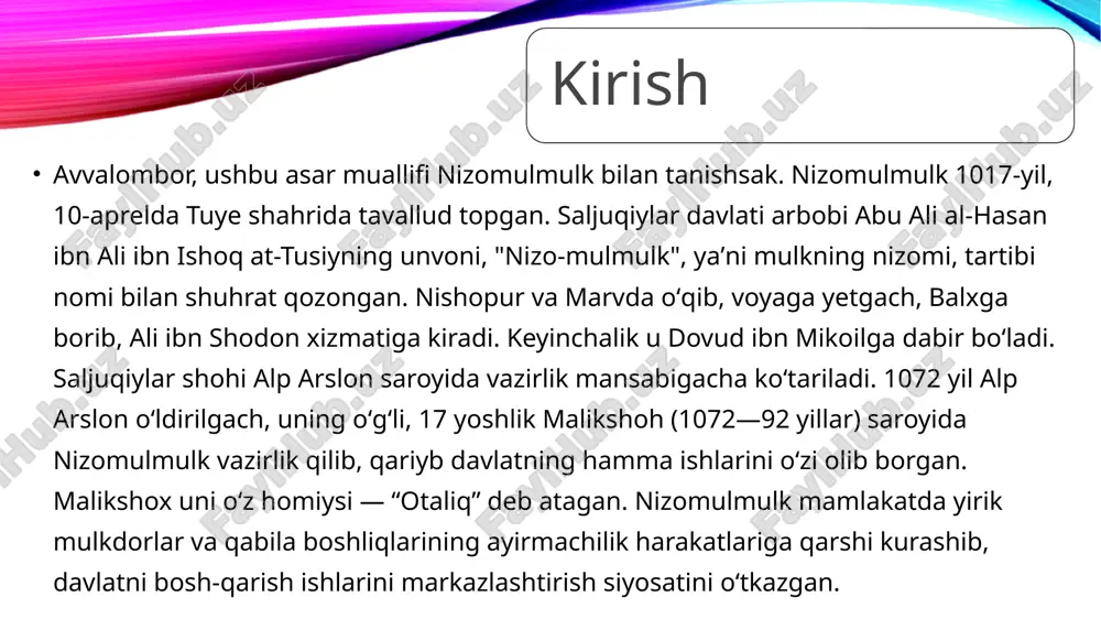 istiqloli, qudrati va mudofaasini taʼminlash uchun kuch-gʼayratlarini sarflashlari zarur, degan gʼoya yetakchi oʼrinda turadi. siyosatnoma» mavzu jihatdan keng qamrovli va sermazmun» asar. unda davlat boshqaruviga aloqador qariyb hamma qoida va qonunlar, usul va vositalar, qozi va qozixona ishlari, qoʼshin va sarbozlar, xizmatchi va shaxsiy sarbozlar masalalari, saroydagi soqchilaru posbonlar vazifalari, ularning maoshlari, pochta va aygʼoqchilik (razvedka) ishlari, ularning moddiy jihatlari, xazina va baytulmol, elchilarga munosabat, hatto shohning oilaviy ishlari, uning bazm va majlislari, xos xodim va shaxsiy soqchilari haqida maʼlumot va maslahatlar bor. asarda moliya va xoʼjalik ishlari, soliq va xiroj, zakot va vaqf masalalari ham oʼrin olgan. ular baʼzan kerakli darajada ochib berilgan boʼlmasa ham, muayyan tadqiqotlarga ozuqa bera oladi. asar hozirgi davr siyosatchilari, davlat amaldorlari va mansabdor kishilarga, umuman, oʼtmish tariximizga qiziquvchi barcha oʼquvchilarga maʼnaviy ruh va kuch beradi, deb oʼylaymiz asarning badiiy qimmati shundaki, uning muallifi oʼz fikrlarini turli hikoyatlar vositasida isbotlab, mustahkamlab boradi. qarashlari oʼquvchi ongiga …