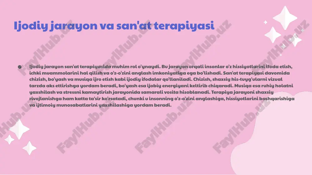 o'z fikrlarini va his-tuyg'ularini aks ettirgan holda, ichki ozodlikka erishadilar. qum terapiyasining natijalari: qum terapiyasi natijasida shaxslar hissiy barqarorlikni, o'z-o'zini anglashni va o'z hissiyotlarini boshqarishni o'rganadilar. bu jarayon, uzoq muddatda ruhiy salomatlikni yaxshilashga yordam beradi. qum terapiyasining ijtimoiy roli guruh faoliyatidagi roli qum terapiyasi guruh faoliyatlarida ishtirokchilar o'rtasida bog'lanish va hamkorlikni kuchaytiradi. ijtimoiy integratsiya u ijtimoiy izolyatsiyani kamaytiradi va insonlarning bir-biriga nisbatan ishonchini oshiradi. ijtimoiy muammolar qum terapiyasi ijtimoiy muammolarni hal qilishda yordam beradi, stress va xavotirni kamaytiradi. natijalar natijada, ishtirokchilar o'zlarini qo'llab-quvvatlaydigan jamoaga aylanishadi. qum terapiyasining kelajagi qum terapiyasi va innovatsiyalar: yangi texnologiyalar. qum terapiyasi, san'at terapiyasining bir shakli bo'lib, yangi texnologiyalar yordamida rivojlanmoqda. innovatsion yondashuvlar yordamida terapiya jarayonining samaradorligini oshirish mumkin. qum terapiyasining muhimligi: emotsional rivojlanish. qum terapiyasi, insonlarning emotsional holatini yaxshilashda muhim ahamiyatga ega. u stressni kamaytirish va farovonlikni oshirishda yordam beradi. qum terapiyasi bo'yicha tadqiqotlar: rivojlanayotgan soha. ushbu sohada olib borilayotgan tadqiqotlar, terapiyaning samaradorligini ko'rsatmoqda. yangi …