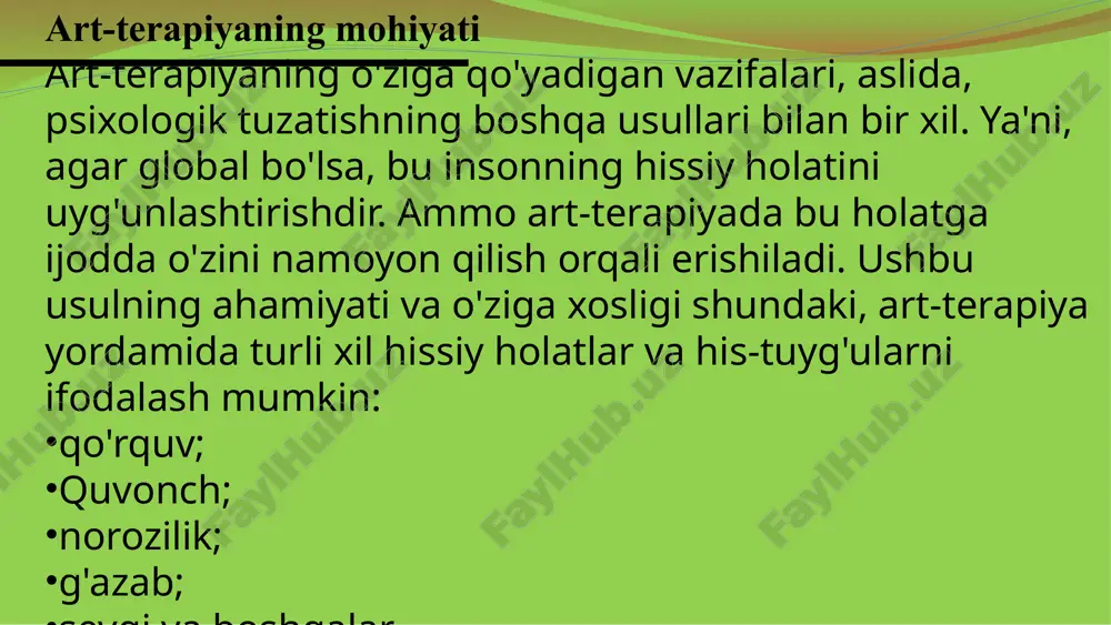 hga, kayﬁyatni yaxshilashga va o'z-o'zini anglashga yordam beradi. o'qish jarayoni shaxsiy o'sishga xizmat qiladi. ertak terapiyasi art-terapiyadagi yangiliklardan biridir. psixologiyada ushbu psixokorreksiya va psixoprofilaktika usuli mutaxassislar tomonidan nisbatan yaqinda qo'llanila boshlandi. qadim zamonlardan beri ota-bobolarimiz ma'lumotni etkazish uchun ertaklardan foydalanganlar. ertaklar bolalar va kattalar tomoshabinlarining ongsiz va ongiga chuqur ta'sir qiladi. bolalarda bu usul tasavvurni rivojlantiradi va turli hayotiy vaziyatlardan chiqish yo'llarini izlashga o'rgatadi. terapiya kattalar uchun ham yaxshi ishlaydi. zamonaviy mutaxassislar o'zlarining seminarlarida, treninglarida yoki individual mashg'ulotlarida ko'pincha ertak terapiyasidan foydalanishni boshladilar, chunki bu art-terapiyaning resurs texnikasi bilan bog'liq bo'lishi mumkin. ushbu terapiya davomida nafaqat mavjud asarlardan foydalanish, balki yangilarini ham ixtiro qilish mumkin. bugungi kunda ertak terapiyasi kattalar ongini shakllantirishning jiddiy vositasi va bolalarni tarbiyalashning ajoyib usuli hisoblanadi. ertak terapiyasi ertak terapiyasi - bu ertaklar va hikoyalar orqali insonning ichki hissiyotlarini ifoda etish jarayonidir. ushbu metod yordamida bolalar va kattalar o'z his-tuyg'ularini anglashlari va muammolarini hal qilishlari mumkin. …