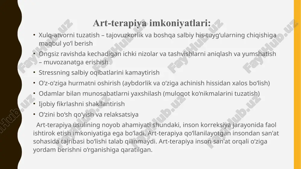 xulosa qilib aytganda, o’yin terapiyasi psixologik muammolarni aniqlash va hal qilish uchun o’yindan foydalanadigan terapiya hisoblanadi. qoʻgʻirchoq terapiya -bolalar, oʻspirinlar va ularning oilalariga psixologik yordam koʻrsatish usuli boʻlib, bolalar psixologlari tomonidan ishlab chiqilgan qoʻgʻirchoq teatri orqali ularning xatti-harakatlarini toʻgʻrilashga qaratilgan terapiya usuli. i.medvedeva va l.shishova tomonidan asos solingan. ushbu usul bolalardagi ogʻriqli tajribalarni yoʻq qilishga, ularning ruhiy salomatligini mustahkamlashga, ijtimoiy moslashuvni yaxshilashga, oʻz-oʻzini anglashni rivojlantirishga, jamoaviy ijodiy faoliyat sharoitida nizolarni hal qilishga yordam berish uchun moʻljallangan. ushbu usulga muvofiq, bolaning sevimli feʼl-atvori va uning travmatik holati bilan bogʻliq voqea yuz qiyofalarida oʻynaydi. qo`g`irchoq terapiyasi qo'g'irchoq terapiyasi - bu holatni tashxislash va tuzatish uchun ishlatiladigan art-terapiyaning proektiv usuli. uning doirasida, o'ynoqi tarzda, siz kerakli ijtimoiy rolni sinab ko'rishingiz, uning ijobiy va salbiy tomonlarini tushunishingiz, ijobiy natijaga moslashingiz mumkin. ota-bobolarimiz: "qo'g'irchoq o'ynamagan baxtni ko'rmadi", - deganlari ajablanarli emas. qo'g'irchoq - bu o'zimizga, sheriklarga, hozirgi hayotiy vaziyatga bo'lgan haqiqiy munosabatimizni ko'rishga yordam beradigan …