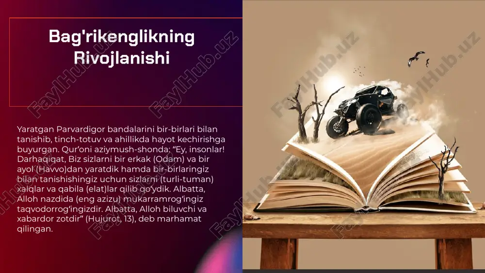 kelganida kiyar edilar”. islomda bag'rikenglik va zamonaviy muammolar zamonaviy muammolar bugungi kunda dunyoda diniy bag'rikenglikka tahdid solayotgan bir qator muammolar mavjud, masalan, ekstremizm va intolerantlik. muammolar va yechimlar bu muammolarni hal qilish uchun ta'lim va muloqot muhimdir. diniy bag'rikenglikni targ'ib qilish orqali biz bunday muammolarni engishimiz mumkin. o'zbekiston misoli o'zbekistonda diniy bag'rikenglikni saqlab qolish uchun turli madaniy tadbirlar va ta'lim dasturlari amalga oshirilmoqda. bag'rikenglikning ijtimoiy ta'siri imom buxoriy oʻz kitoblarida rivoyat qilishlaricha, rasululloh sallollohu alayhi va sallam vafot etgan vaqtlarida sovutlari bir yahudiyning qoʻlida garov evaziga berilgan edi. nabiy sallollohu alayhi va sallamning sahobalari u zot uchun jonu mollarini fido qilgan insonlar edi. ular ichida usmon ibn affon va abdurahmon ibn avf raziyallohu anhumo kabi boy sahobalar ham bor edi. rasululloh sollallohu alayhi va sallamning birgina ishoralari bilan bor budlarini u zotning oyoqlari ostiga olib kelib tashlar edilar. lekin shunday boʻlsa-da rasululloh sollallohu alayhi va sallam oʻzga din vakilidan qarz …