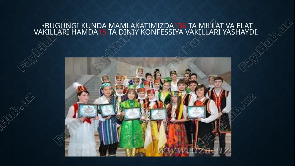 adi, tinchlik va barqarorlikni mustahkamlashning muhim sharti hisoblanadi. masalan, azal-azaldan diyorimizda islom, nasroniylik, iudaizm kabi dinlar yonma-yon yashab kelgan. asrlar davomida yirik shaharlarimizda masjid, cherkov, xonaqohlarning mavjud bo’lishi, turli millat va dinga mansub qavmlarning o’z diniy amallarini erkin ado etib kelayotgani buning tasdig’idir. hozirgi kunda o’zbekistondagi turli konfessiyaga mansub diniy tashkilotlar faoliyatlarini o’zaro teng huquqlilik, hamdo’stlik va hamkorlik asosida amalga oshirmoqda. diniy bag’rikenglik turli dinlarning, turli dinlarga mansub kishilarning hamdo’stlik munosabatlarinigina nazarda tutmaydi, balki e’tiqodidan qat’iy nazar barcha kishilarning tengligi, umumiy ezgu maqsad yo’lida hamkorlikni ham qamrab oladi. diniy qarashga ko’ra ham, madaniy, jumladan, ilmiy qarashga ko’ra ham inson eng oliy mavjudotdir. diniylik dunyoviylikni inkor qilmaydi, u bilan ba’zan yonma-yon yashasa, ayrim vaziyatlarda o’zaro yaqinlashadi, dunyoviylikning rivojiga xizmat qiladi. dunyoviylik, ya’ni shu moddiy hayotni rivojlantirishga yo’nalganlik diniylikning ham maqsadlari bilan mos tushadi. diniylik dunyoviylikka xizmat qilishi mumkin, deganda dunyoqarashning ezgulik, yaxshilik, halollik, tinchlik, do’stlik kabi yuksak insoniy fazilatlarni tarbiyalashni nazarda …