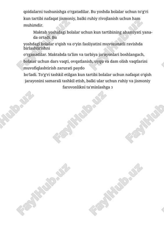 to‘g‘ri tashkil etish orqali bolalar uchun sog‘lom va baxtli hayot yaratishning yo‘llarini tavsiya qilish. kurs ishining o‘rganilganlik darajasi: kurs ishi bola hayotida kun tartibining ahamiyatini, uning bolalar salomatligi, rivojlanishi va psixologik holatiga ta’sirini chuqur o‘rganish hamda kun tartibini shakllantirishda ota-onalar va tarbiyachilarning o‘rni va roli to‘g‘risida keng bilimlar hosil qilishni nazarda tutadi. o‘rganilganlik darajasi bola hayotidagi kun tartibining barcha aspektlarini, uning bolaning rivojlanishiga va salomatligiga qanday ta’sir qilishini yaxshilab tushunishga asoslanadi. bola hayotida kun tartibi o‘z vaqtida ovqatlanish, uyqu, jismoniy faollik, o‘yin va dam olishni o‘z ichiga olgan muvozanatli tizimni tashkil etishni talab qiladi. shu sababli, kurs ishining o‘rganilganlik darajasi, bola tarbiyasida kun tartibining bolalarning jismoniy, psixologik va aqliy rivojlanishiga ta’sirini chuqur tahlil qilishni o‘z ichiga oladi. kurs ishida bola hayotidagi kun tartibining shakllanishiga turli omillar, jumladan, ota-onalar va tarbiyachilarning roliga alohida e’tibor qaratilgan. ota- onalar bolalarning kun tartibini shakllantirishda boshlang‘ich mas'uliyatni o‘z zimmasiga oladilar. ularning bolaga nisbatan tutgan munosabati, …