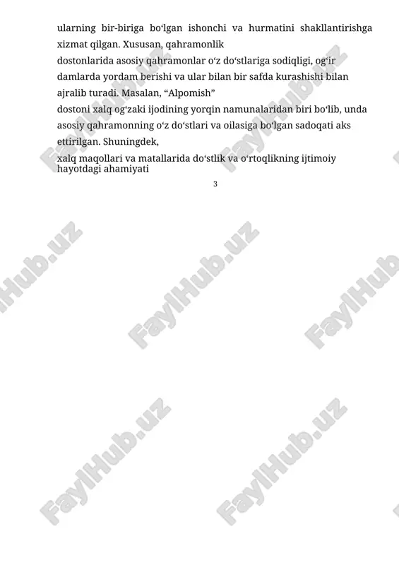 kurs ishining vazifalari: 1.xalq og‘zaki ijodiyotida do‘stlik va o‘rtoqlik mavzusining qanday aks etganini o‘rganish. 2.maqollar, ertaklar, dostonlar va rivoyatlarda do‘stlik va o‘rtoqlikning tarbiyaviy ahamiyatini tahlil qilish. 3.xalq og‘zaki ijodining yosh avlod tarbiyasidagi o‘rnini aniqlash va baholash. 4.xalq og‘zaki ijodiyoti namunalaridan ta’lim-tarbiya jarayonida samarali foydalanish bo‘yicha tavsiyalar ishlab chiqish. kurs ishining o‘rganilganlik darajasi:xalq og‘zaki ijodiyoti va uning tarbiyaviy ahamiyati bo‘yicha ko‘plab mahalliy va xorijiy olimlar tomonidan ilmiy tadqiqotlar olib borilgan. jumladan, o‘zbek xalq og‘zaki ijodiyotini o‘rganishda h. zarifov, m. oripov, n. mallayev, h. boltayev kabi adabiyotshunos va folklorshunos olimlarning ilmiy ishlari muhim o‘rin tutadi. ularning tadqiqotlarida xalq og‘zaki ijodining janrlari, tarbiyaviy ahamiyati va ijtimoiy hayotdagi roli keng yoritilgan. shuningdek, xalq ijodi va uning tarbiyaviy jihatlarini o‘rganishda v. y. propp, a. veselovskiy, s. tokarev kabi rus va xorijiy tadqiqotchilarning ilmiy ishlari ham muhim ahamiyat kasb etadi. ushbu olimlar og‘zaki ijodning kelib chiqishi, funksional xususiyatlari va uning jamiyat taraqqiyotidagi o‘rnini tadqiq qilganlar. mazkur …