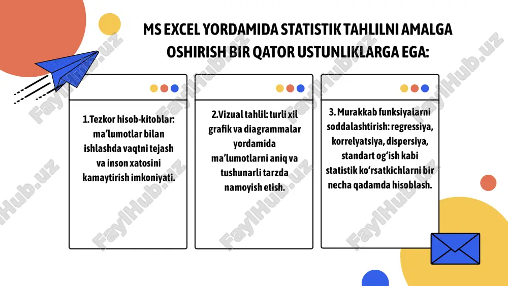 lang. 3. natijada chiziqli bog‘liqlik ko‘rinadi. 4. diagramma ichiga trend chizig‘ini qo‘shing: o add trendline → display equation on chart → display r² value. bir guruh talabalar yakuniy baholari va darsga qatnashish foizlari bo‘yicha quyidagi maʼlumotlar yig‘ildi. o‘rtacha qiymat, median va modani hisoblash formulalar: o‘rtacha baho: =average(b2:b6) median: =median(b2:b6) moda: =mode.sngl(b2:b6) natija: o‘rtacha baho: 83,6 median: 85 moda: 75 dispersiya va standart og‘ishni hisoblash formulalar: dispersiya: =var.p(b2:b6) standart og‘ish: =stdev.p(b2:b6) natija: dispersiya: 43,44 standart og‘ish: 6,59 talqin: baholarning o‘rtachadan og‘ishi 6,59 bo‘lib, guruhda baholar biroz tarqoq ekanligi ko‘rinadi. korrelyatsiya tahlili formulasi:=correl(b2:b6, c2:c6) natija:r = 0,96 talqin: yakuniy baho va qatnashish foizi o‘rtasida kuchli ijobiy bog‘liqlik mavjud. diagramma yaratish bosqichlar: 1. maʼlumotlarni tanlash. 2. insert → charts bo‘limidan kerakli diagramma turini tanlash. 3. diagramma nomi va o‘qlarini belgilash. tavsiya etiladigan diagrammalar: gistogramma – baholar taqsimoti uchun. chiziqli diagramma – dinamikani ko‘rsatish uchun. nuqtali diagramma (scatter plot) – korrelyatsiyani vizual ko‘rsatish uchun. …