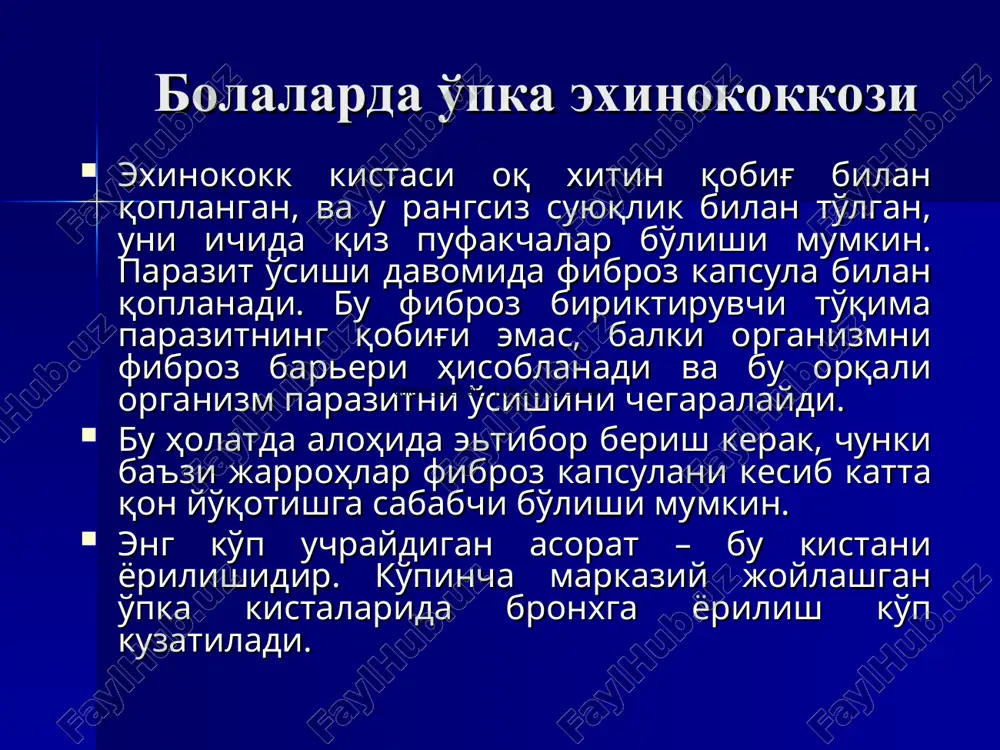 o'zgarish bo'lmaydi. diagnostika 90% buyrak exinokokkoz bilan og'rigan bemorlarda katstsoni sinamasi musbat bo'ladi, yiringli kistalarda esa manfiy. utt tekshiruvi. buyraklar va paranefral yog' qatlamlarida kistoz hosila aniqlanadi. umumiy rentgenogramma natijalarida oddiy kista yoki chegaralangan o'simtalar bilan bir xil bo'ladi. oxaqlashgan exinokokkoz kistalarning retgen suratida uzuksimon yoki yoysimon soya ko'rinadi utt tekshiruvi ekskretor urografiya yoki retrograd pielografiya tekshiruvini yopiq exinokokkoz kasalligidagi natijalari: katta, yupqa, o'roqsimon soya buyrakning lateral tomonida aniqlanadi. parazitar kista tomonidan ezilgan bir yoki ikkita kosachalar natijasida rentgen suratida kista atrofida o'roqsimon kista aniqlanadi. buyrak jomchasi «ezilgan qo'l barmoqlar» shakliga kiradi. exinokokkozning ochiq shakliga xos bo'lgan rentgenologik o'zgarishlar: yupqa soya fonida yumaloq katta bo'lmagan soyalar ko'rinadi – bu holat kontrastni murtak pufakchalar atrofiga to'planishi natijasida yuzaga keladi. kista bo'shlig'ida gorizontal tekis konturli kontrast suyuqligi soyasi ko'rinadi. ekskretor urografiya jigar exinokokkozi exinokokkoz er sharida jigar xastaliklari ichida keng tarqalgan kasallik xisoblanadi. ikki xil exinokokk turi bo'lib, ular bir birlaridan epidemiologiya, …