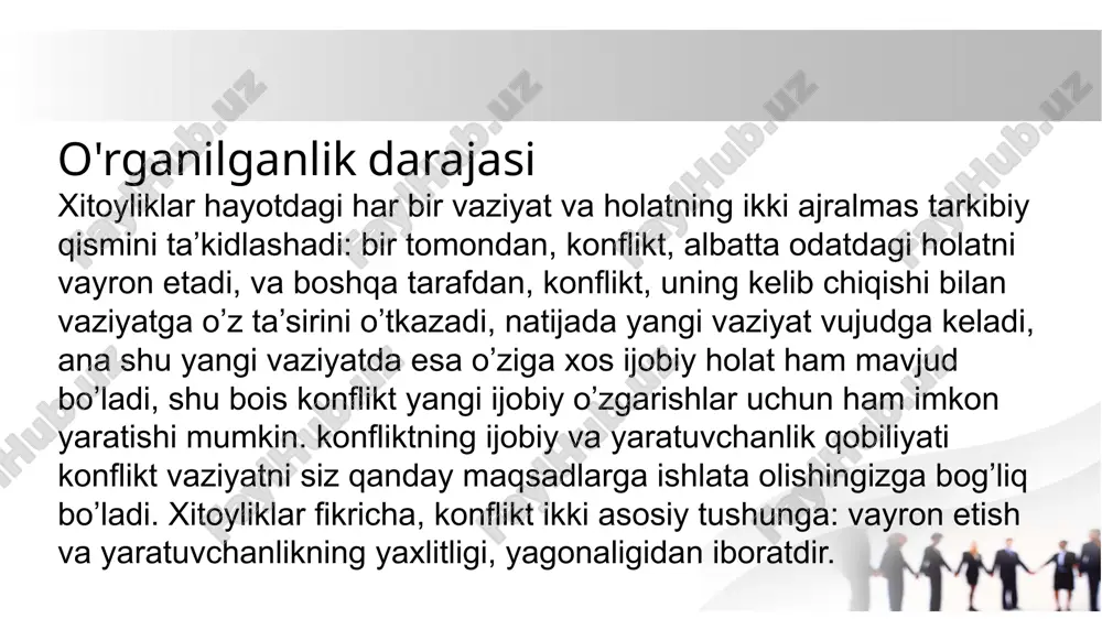 blari va ularni tugatish yo’llari xaqida muayyan fikrlar bildirilgan. o’tmishda konfliktlarni xal etishning asosiy usuli sifatida urug’-qabila oqsoqollari, doxiylarining yakka xokimligi tushunilgan. birok ilk davlatchilik tuzilmalarining vujudga kelishi xar doim xam jamiyatda uygunlikka olib kelmagan, ba’zida ijtimoiy notenglikni keskinlashtirgan, konfliktlarni yaqqol namoyon etgan va kuchaytirgan. shu bois asrlar davomida insonlar urushlar bo’lmaydigan, nizolar va adovat barxam topadigan mukammal kelajakka ishonch hissi bilan yashaganlar. konfliktlar borasidagi yangi nazariy - taxliliy motivlar polyak olimi, yurist lyudvig gumplovich (1838-1909 yy.) ijodida xam uchraydi. uning fikricha, konfliktlar yagona va zaruriy ijtimoiy jarayon emas. biroq, keng ijtimoiy jamoalar xamda davlatlarni vujudga keltiradigan ijtimoiy birlashuvlar axamiyatga molik jarayondir. chunki bu erda konfliktning asosiy xal qiluvchi rolni o’ynashining sababi bitta, ya’ni jamiyatda ijtimoiy guruxlar aynan konflikt natijasidagina birlashadilar. jamiyatda yangi qoidalar birligining shakllanishi alohida-alohida guruhlar kurashi natijasi sifatida namoyon bo’lishi mumkin. l. gumplovichning jamiyatdagi ijtimoiy konfliktlar tabiatiga nisbatan munosabatlarini uch asosiy tezisga bulish mumkin: konfliktlar tarixiy jarayon …