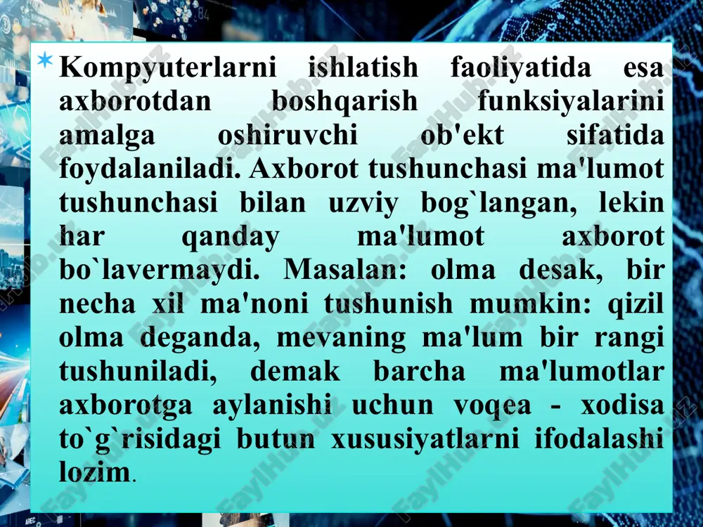 ng konsepsiyasiga ko‘ra, axborotlashgan jamiyat quyidagicha xususiyatlarga ega: axboriy-texnik bu texnikaviy zahiralar bo‘lib, uni jamiyat ishlab chiqaradi va foydalanadi ijtimoiy-axborot bu jamiyat tomonidan axborot texnologiyalaridan foydalanish ijtimoiy-texnik ijtimoiy-antropologik xususiyatlarni qamrab oladi axborotlashgan jamiyatni qurish oson bo'lmaydi, ko'plab nazariy va amaliy aspektdagi chuqur ilmiy tadqiqotlar olib borilishi talab etiladi. jumladan , ular quyidagilar image2.jpeg image3.png image4.jpeg image5.png image6.png image7.png image8.png image9.jpeg image10.png image11.jpeg image12.jpeg image13.png image14.png image15.png /docprops/thumbnail.jpeg