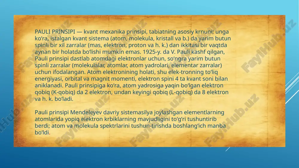 kvant holatiga ega bo‘lgan ikki elektron bir vaqtning o‘zida bir orbitalda bo‘lishi mumkin emas. qisqacha tushuncha: elektronlar o‘zining to‘rt kvant raqami (n, l, m_l, m_s) bilan xarakterlanadi: n — asosiy kvant raqami (qobiq energiyasi), l — orbital kvant raqami (orbital shakli), m_l — magnit kvant raqami (orbitalning fazodagi orientatsiyasi), m_s — spin kvant raqami (elektronning spini: +1/2 yoki -1/2). atomdagi elektronlar atomning kimyoviy xususiyatlarini belgilaydi. elektronlar atom yadrosi atrofida joylashgan va turli orbitalarda (qobiqlarda) harakatlanadi. atomdagi elektronlar, pauli prinsipiga muvofiq, har bir orbitalda faqat ikki elektron bo‘lishi mumkin (ularning spini teskari). atomdagi elektronlar energiya darajasiga qarab orbitalarda joylashadi. elektronlarning harakatini, ularning energiyasini va kimyoviy reaksiyalarini tushunish uchun atom orbitalarining to‘liq strukturasini bilish zarur. qobiq - bu elektronlar joylashadigan energiya darajasi. har bir qobiqda bir nechta orbitalar mavjud. misol uchun, birinchi qobiq (n=1) faqat bitta orbitalga ega bo‘lishi mumkin (1s orbitali), ikkinchi qobiq (n=2) esa ikkita orbitalga ega bo‘ladi (2s va …