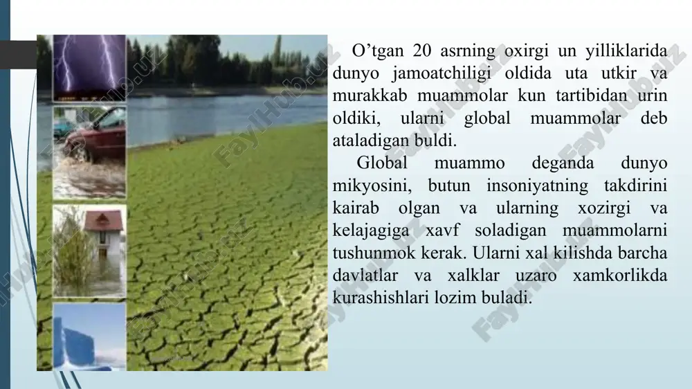 iqarish muammosi. 2. tinchlik va quralsizlanish, yangi jahon urushining oldini olish muammosi. 3. ekologik muammo. 4. demografik muammo. 5. energetik muammo. 6. xomashyo muammosi. 7. oziq-ovqat muammosi. 8. dunyo okeanidan foydalanish muammosi. 9. koinotdan tinch maqsadlarda foydalanish muammosi. mintaqaviy darajadagi yechimlar ba’zi global muammolar bir nechta mamlakatga ta’sir qiladi va ularni mintaqaviy hamkorlik orqali samaraliroq hal qilish mumkin. mintaqaviy integratsiya va hamkorlik: mintaqaviy tashkilotlar (masalan, yevropa ittifoqi, asean, markaziy osiyo hamkorlik tashkilotlari) savdo, xavfsizlik, atrof-muhitni muhofaza qilish va infratuzilmani rivojlantirish bo‘yicha umumiy strategiyalar hamda siyosatlarni ishlab chiqadi. markaziy osiyo mintaqasida suv resurslaridan oqilona foydalanish bo‘yicha hamkorlik aral dengizi muammosini hal qilishga qaratilgan harakatlarga yaqqol misoldir. transchegaraviy loyihalar: iqlim o‘zgarishi oqibatlarini yumshatish va moslashish, chegaraviy daryolar oqimini boshqarish va suv infratuzilmasini birgalikda rivojlantirish, o‘rmonlar ekish va biologik xilma-xillikni saqlash bo‘yicha qo‘shma dasturlar va tashabbuslarni amalga oshirish muhim. shuningdek, pandemiyalarga qarshi kurashishda birgalikdagi choralar va tibbiy yordamni muvofiqlashtirish ham muhim ahamiyatga ega. …
