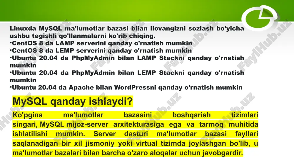 hiq manbali (open-source) rdbms bo‘lib, katta hajmdagi ma’lumotlar ustida tezkor va ishonchli ishlash uchun yaratilgan.2008-yilda sun microsystems tomonidan sotib olindi, keyin esa 2010-yilda oracle kompaniyasiga o‘tdi. access va mysql o‘zaro bog‘lanishi tarixi dastlab, microsoft access faqat o‘zining .mdb formatidagi lokal fayl bazalari bilan ishlagan. ammo 1990-yillarning oxiri va 2000-yillarning boshlarida ma’lumotlar bazasi tizimlarini tarmoqli (client-server) modelga o‘tkazish zaruriyati tug‘ila boshladi. bu jarayonda odbc (open database connectivity) texnologiyasi orqali access va mysql o‘rtasidagi bog‘lanish imkoniyati paydo bo‘ldi. odbc yordamida mysql’ni access’da ulash bosqichlari tarixiy kontekstdan 1990-yillarning oxiri: mysql uchun odbc drayverlari ishlab chiqila boshladi. bu orqali access foydalanuvchilari o‘z bazalarini mysql serveriga bog‘lay oladigan bo‘lishdi. 2000-yillar: "mysql odbc connector" (avval "myodbc") keng tarqaldi. bu drayver windows tizimiga o‘rnatilib, access’dan mysql bazasiga to‘g‘ridan-to‘g‘ri so‘rovlar (queries) yuborish imkonini berdi. hozirgi davrda: access’dan mysql bazasini bog‘lash keng tarqalgan. ayniqsa, access’ni gui (grafik interfeys) sifatida, mysql’ni esa asosiy server sifatida ishlatish uslubi ko‘p qo‘llaniladi. image3.png …