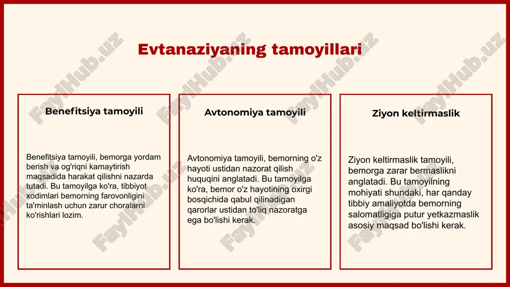 ziya variantlarini muhokama qiladi. 2) bemor - o'zining ixtiyori va qarorlarini bildirishda muhim rol o'ynaydi. 3) oila a'zolari - bemorning qarorlarini qo'llab-quvvatlash va etik muhokamalarda ishtirok etishi mumkin. 4) huquqiy mutaxassislar - evtanaziya jarayonida huquqiy masalalar bo'yicha maslahat beradi. inson huquqlari va erkinliklari har bir shaxsning o'z hayotini boshqarish huquqini ta'minlaydi. john stuart mill “ xulosa - evtanaziya tibbiy faoliyatda bemorlarning huquqlari va erkinliklariga hurmat bilan yondashadi. - evtanaziya avtonomiya, benefitsiya, ziyon keltirmaslik va adolat tamoyillariga asoslanadi. - evtanaziya qonuniyligi mamlakatlararo farq qiladi, bu esa ijtimoiy va madaniy kontekstdan kelib chiqadi. - evtanaziya bo'yicha mavjud muammolar va munozaralar tibbiyotda ahamiyatga ega. e'tiboringiz uchun rahmat! image1.png image2.png image3.png image6.png image4.png image11.jpeg image5.png image12.jpeg image13.jpeg image9.png image10.png