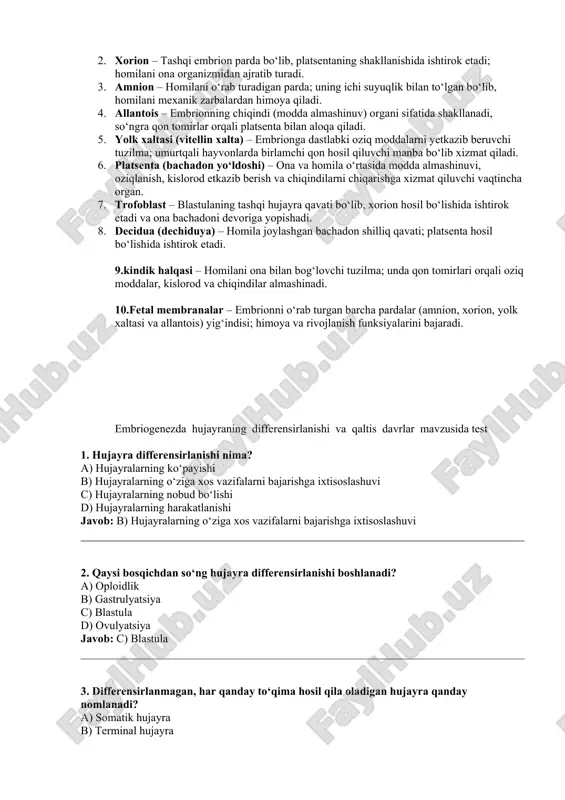 h d) faqat asab to‘qimasiga aylanish javob: c) ko‘pchilik turli to‘qimalarga aylanish 9. qaysi jarayon hujayra differensirlanishidan oldin sodir bo‘ladi? a) apoptoz b) o‘smirlik c) segmentatsiya (bo‘linish) d) organogenez javob: c) segmentatsiya (bo‘linish) 10.hujayralarning o‘z vazifasini bajarishga mutlaq ixtisoslashib, qayta bo‘linmaydigan holatga kelishi nima deyiladi? a) totipotensiya b) terminal differensirlanish c) apoptoz d) regeneratsiya javob: b) terminal differensirlanish mezodermaning hosil bo‘lishi” bo‘yicha 10 ta glossariy: 1. mezoderma – gastrulyatsiya jarayonida hosil bo‘ladigan o‘rta zarodok qatlam bo‘lib, undan mushaklar, suyaklar, yurak, buyrak va boshqa organlar rivojlanadi. 2. gastrulyatsiya – zarodok rivojlanish bosqichi bo‘lib, uning davomida uchta asosiy qatlam (ektoderma, mezoderma, endoderma) shakllanadi. 3. notochorda (xorda) – mezodermadan hosil bo‘luvchi o‘q shaklidagi tuzilma; embrion asab tizimi shakllanishida muhim ahamiyatga ega. 4. somitlar – mezodermadan hosil bo‘luvchi segmentlangan tuzilmalar bo‘lib, ular mushaklar, umurtqalar va terining ba’zi qismlarini shakllantiradi. 5. involyutsiya – gastrulyatsiya davomida hujayralarning yuzadan ichkariga siljishi; mezoderma qatlamining hosil bo‘lishida ishtirok etadi. …