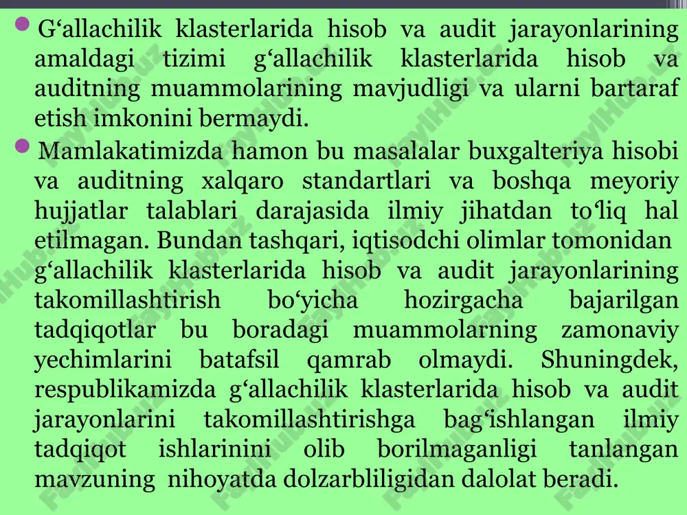 lumotlarini buxgalteriya hisobida tegishli andozalarga va meyoriy hujjatlarga asosan baholashning takomillashgan uslubini taklif qilish; -gʻallachilik klasterlari foydalanishini taʼminlash maqsadida ularni boshlangʻich hujjatlar maʼlumotlari bilan aloqasi va uzviyligini toʻliq taʼminlash yuzasidan takliflar ishlab chiqish; -gʻallachilik klasterlarining hisobini yuritish hamda ularning hisobotlarini takomillashtirishning zarurligini ilmiy asoslash; -gʻallachilik klasterlarida buxgalteriya hisobini va audit jarayonlarini tashkil etishni takomillashtirish yuzasidan tavsiyalarni asoslash. mavzuning ilmiy ahamiyati shundan iboratki, ilmiy tadqiqot ishida gʻallachilik klasterlarining moliyaviy hisobot shakllari, ularning tahlili va auditini takomillashtirishga qaratilgan ilmiy-amaliy tavsiya va takliflardan respublikamizda buxgalteriya hisobining va auditning milliy standartlari va boshqa huquqiy-meyoriy hujjatlarini takomillashtirish va zamonaviylashtirishda keng foydalanish mumkin. tadqiqotning amaliy ahamiyati uning asosiy natijalarini gʻallachilik klasterlarida hisobni yuritish, ularning moliyaviy hisobot shakllari tahlili va auditini tashkil etish boʻyicha uslubiy tavsiyalarni ishlab chiqishda qoʻllash mumkinligi bilan belgilanadi. tadqiqot ob’ekti va predmeti. tadqiqot obyekti sifatida qashqadaryo viloyati klaster korxonalari, xususan qarshi tumanidagi "agro don aaa" mchj ning 2021-2023-yillardagi maʼlumotlari tanlab olindi. tadqiqot ishining …