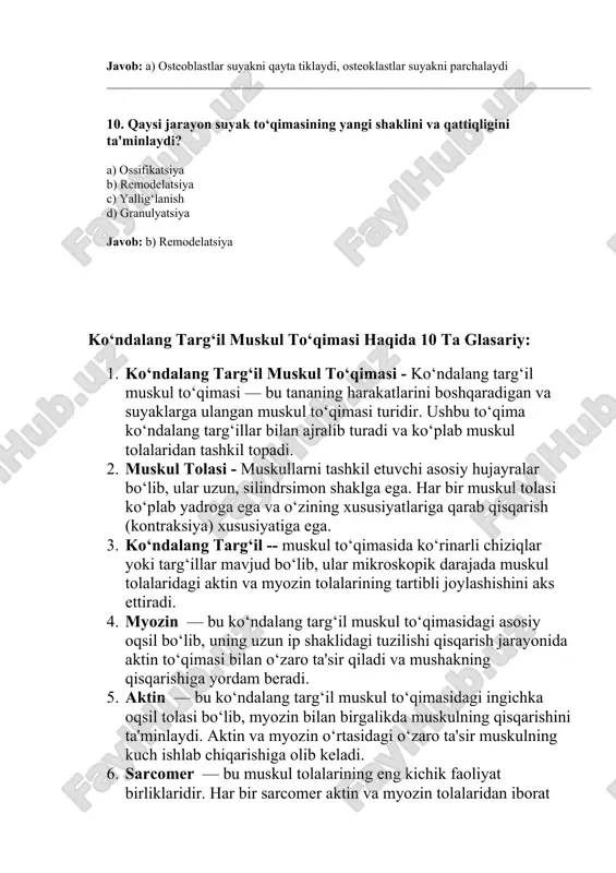 ridagi maxsus organelladir, ular kaltsiy ionlarini saqlaydi va mushak qisqarishi jarayonida bu ionlarni chiqarib, muskulning qisqarishini rag‘batlantiradi. 8. muskul kontraksiyasi — bu muskul tolalarining qisqarishi natijasida sodir bo‘lgan jarayon bo‘lib, aktin va myozin tolalarining bir-biriga nisbatan harakatlanishi natijasida muskul qisqaradi va kuch hosil bo‘ladi. 9. motor birlik — bu birorta motor nerv tolasi va unga ulanadigan barcha muskul tolalaridan tashkil topadi. har bir motor birlik muskul qisqarishini boshqaradi. 10. muskulning refrakter davri — bu muskulning qisqarishidan keyin, uning yana qisqarishga tayyor bo‘lishi uchun kerak bo‘lgan vaqtni bildiradi. ushbu davrda muskul yangi qisqarish reaksiyasini amalga oshirishga qodir emas. yurak muskullari haqida 10 ta glasariy: 1. yurak muskuli — yurakni tashkil etuvchi muskul to‘qimasi bo‘lib, u o‘zining maxsus tuzilishi va avtomatik qisqarish xususiyati bilan ajralib turadi. bu muskul to‘qimasi involyutiv bo‘lib, ongli nazoratga bo‘ysunmaydi. 2. kardiyomiyotsit — yurak muskuli hujayrasining nomi bo‘lib, ularning uzun va shoxlangan shakli bo‘ladi. har bir kardiyomiyotsit bir …
