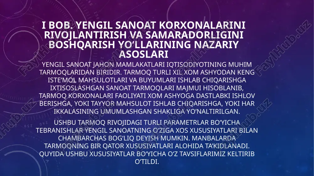 iqtisodiy ko'rsatkichlarni taalluqli baholash sifat jihatdan baholash iste'molchi pozitsiyasi bo'yicha baholash investor pozitsiyasi bo'yicha baholash ichki subyekt pozitsiyasi bo'yicha baholash turli tashqi subyektlar pozitsiyasi bo'yicha baholash "bemor" hisobot elementlarini ba holash faoliyatning boshqa jihatlari bo'yicha taqqoslash bahosi boshqaruv bo'yicha taqqoslash bahosi uslub bo'yicha taqqoslash bahosi assortiment bo'yicha taqqoslash bahosi benchmarking namunaviyni taqqoslashga asoslangan moliyaviy barqarorlikni baholash iqtisodiy salohiyatni baholash faoliyat umumiy ko'rinishining ekspess tahliliga asoslangan xizmatlar bo'yicha taqqoslash bahosi asosiy ko'rsatkichlar dinamikasini baholash o'rtacha ko'rsatkichlarga nisbatan baholash korxonalar samaradorligini baholash tizimi bo‘ycha o‘rganilgan manbalardan kelib chiqib aytish mumkinki, korxonalar samaradorligini baholashning metadologik zanjiri beshta asosiy komponentning ketma-ket bo‘g‘lanishida aks etadi kuzatish *axborot orqali baholash yondashuvi *manba baholash usuli *vosita baholash mezoni *o'lchov baho *natija yengil sanoat korxonalari samaradorligini baholash ko'rsatkichlari tizimi moliyaviy ko'rsatkichlar boshqaruv faoliyati ko'rsatkichlari umumiy salohiyat ko'rsatkichlari resurslardan foydalanish ko'rsatkichlari nisbiy ko'rsatkichlar (mahsulot sotish, aktivlar rentabelligi) likvidlik ko'rsatkichlari (joriy, tezkor, mutlaq koeffitsiyentlar) aylanma koeffitsiyentlar ( aktiv, asosiy vositalar, …