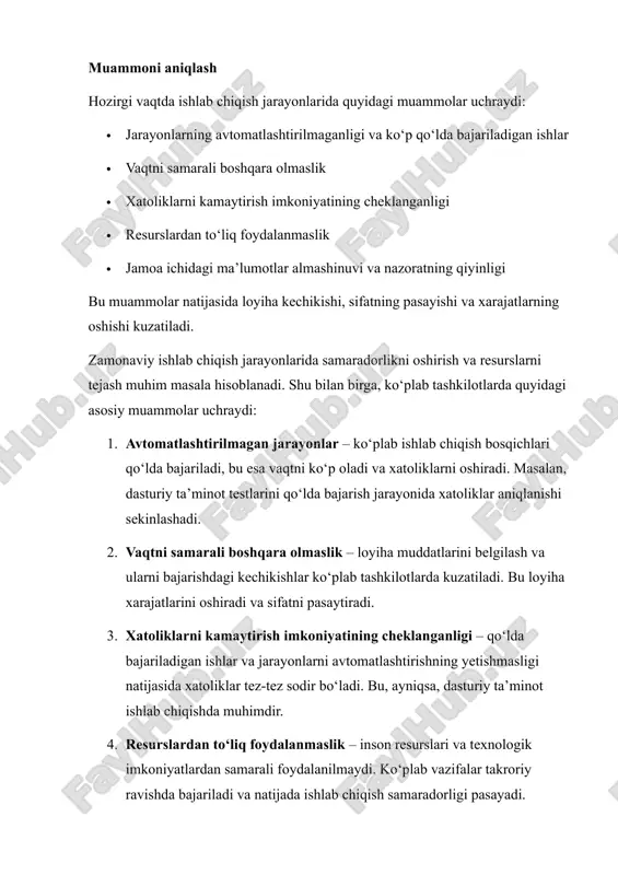 ogiyasi agile metodologiyasi qisqa iteratsiyalar va tezkor natijaga erishish printsipiga asoslangan. bu usul jamoaga tezkor qarorlar qabul qilish, mijozning talablarini tezkorlik bilan inobatga olish va loyihani bosqichma-bosqich rivojlantirish imkonini beradi. agile metodologiyasi yordamida loyiha jarayonlari moslashuvchan bo‘lib, xatoliklar tez aniqlanadi va tuzatish ishlari samarali amalga oshiriladi. 2. devops yondashuvi devops ishlab chiqish va operatsiyalar bo‘limlarini birlashtiradi va jarayonlarni avtomatlashtirishga yo‘naltirilgan. bu yondashuv dasturiy ta’minot ishlab chiqish, test qilish, tarqatish va nazorat jarayonlarini uzluksiz amalga oshirishga yordam beradi. shu orqali loyiha sifatini oshirish va muddatlarni qisqartirish mumkin. 3. ci/cd tizimlari (continuous integration / continuous deployment) ci/cd tizimlari doimiy integratsiya va tarqatish jarayonlarini avtomatlashtiradi. dasturiy ta’minotning yangi kodlarini tez-tez integratsiya qilish va avtomatik testlar yordamida xatoliklarni aniqlash ishlab chiqish jarayonini tezlashtiradi va sifatni oshiradi. 4. loyiha boshqarish vositalari jira, trello, asana kabi loyiha boshqarish vositalari ishlarni rejalashtirish, vazifalarni taqsimlash va bajarilishini nazorat qilish imkonini beradi. ushbu vositalar yordamida jamoa a’zolari o‘rtasidagi hamkorlik …