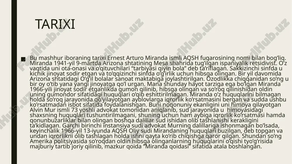 anlaridagi xodimlarni malakasini oshirish lozim. chunki, ko’pgina holatlarda gumonlanuvchilarga davlat organlari xodimlari tomonidan gumonlanuvchining qanday huquqlari borligi haqida ma’lumot taqdim etilmayotganligi kuzatilmoqda. va bunday holatlar hattoki xalqaro huquq normalarida ham inson huquqlarini buzilishiga olib keladi. xulosa xulosa qilib aytganda “miranda qoidasi” har bir fuqaro uchun, har bir davlatning rivojlanishi uchun juda muhimdir. chunki bu qoida insonning hayotini, davlatning esa keyingi taraqqiyotini qanday tarzda bo’lishini belgilab beradi. image1.jpeg image2.jpeg image3.jpeg /docprops/thumbnail.jpeg