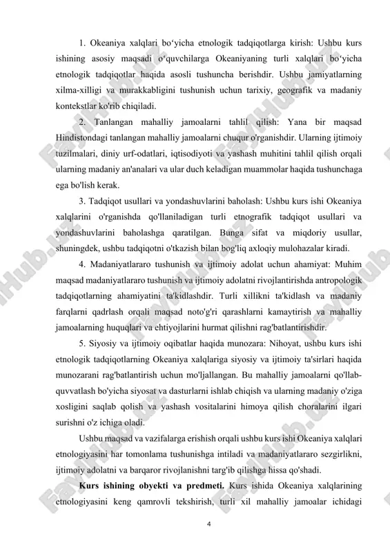 sarida juda ko’p xalqlar va millatlar etnalogiyasi haqida so’z yuritilgamn va mana shu asarda hindiston xalqlari etnalogiyasi ham to’laligicha yoritilgan . bundan tashqari yana bir o’zbek etnologi a. ashirov o’zining “etnalogiya” nomli asarida bu xalqlar va ularning turmush tarzlari, bu xalqlardan qolgan udum va an’analarini to’laligicha yoritib bergan.. kurs ishi mavzusining nazariy uslubiy asosi. kurs ishi materiallari tarixiylik, ilmiy xolislik va obektivlik prinsiplari asosida taxlil qilindi. shuningdek, tarixiy-qiyosiy taxlil, qadriyatlr uyg’unligi kabi tamouillarga amal qildi. tarixiy va arxeologik manbalardan foydalanish va taqqoslash usullari qo’llanildi. kurs ishining tuzilishi. kurs ishi ikki bob, to’rt paragrif, xulosa va foydalanilgan adabiyotlardan iborat. 1.1 okeaniya xalqlarining geografik tavsifi okeaniyani keng ma'noda tinch okeanining markaziy va janubiy qismini qamrab olgan bir necha ming orollardan tashkil topgan mintaqa deb tasvirlash mumkin. bu mintaqada ko'plab orol davlatlari va hududlar mavjud bo'lib, ular o'zaro farqli madaniyatlar, tillar va tarixlarga ega. okeaniya quyidagi geografik joylashuvlarga ega: melaneziya: bu guruh tinch …