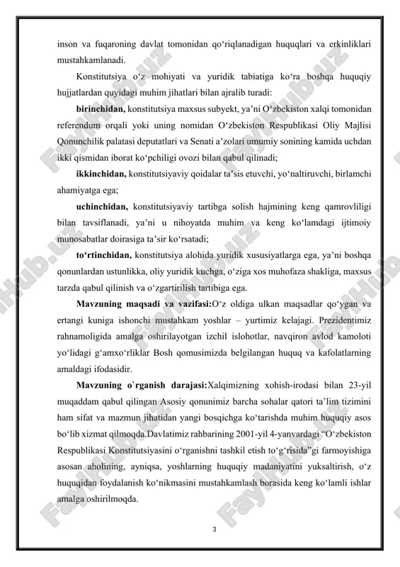kerak. oliy majlisning birlashmasi tomonidan konstitutsiyani qabul qilish uchun oʻzaro tushunarli koʻralish tuzilmalari (maktab) yaratiladi. ommaviy qabul: konstitutsiya oʻzini fuqarolar va respublikaning boshqa institutlari tomonidan maqbul koʻrilishi kerak. bu maqbul qilish jarayoni democratiya prinsiplari asosida amalga oshiriladi. huquqiy haqomatning oʻzini belgilash: konstitutsiya, davlat organlarining tuzilishini, ularga topshirilgan vazifalarni, huquq va muddatlarni, kuchlarni, va boshqa zarur tuzilmalarini belgilaydi. fuqarolarning asosiy huquqlarini taʼminlash: konstitutsiya fuqarolarning asosiy huquqlarini, masalan, ifoda, butunlashganlik, din erkinligi va boshqalarini taʼminlash maqsadida amalga oshirilgan. davlat tuzilishining asoslarini belgilash: konstitutsiya davlatning tuzilishini, tuzilishi organlarni, ularning vazifalarini va faoliyatining prinsiplarini belgilaydi. qonun tuzilish usullarini aniqlash: konstitutsiya qonunlar tuzilishining usullarini aniqlaydi va unga xos taʼlimotlarni beradi. oʻzgarishlar va qoʻshimchalar uchun usullarni belgilash: konstitutsiya oʻzgarishlar va qoʻshimchalar kiritish uchun usullarni belgilaydi. bu usullar odatda, referendum, oliy majlis qarori yoki prezident buyrugʻi orqali amalga oshiriladi. konstitutsiya, davlatning barcha sohalaridagi faoliyatni tartibga solish uchun katta ahamiyatga ega boʻlib, mamlakatning huquqiy va huquqiy davlatligini taʼminlashda …