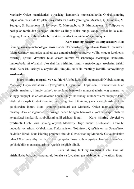 etodologik asoslarini tashkil etadi. kurs ishi tarixiylik, obyektivlik, ilmiylik, xolislik, mantiqiy izchillik tamoyillariga asoslanadi. kurs ishining maqsadi va vazifalari. ushbu kurs ishining maqsadi o’zbekistonning markaziy osiyo davlatlari – qozog’iston, qirg’iziston, tojikiston, turkmaniston bilan siyosiy, madaniy, ijtimoiy va ko’p tomonlama hamkorlik munosabatlarini eng samarali va so’nggi tadqiqot ishlari orqali ochib berish, shu yo’nalishdagi mulohazalarni tadqiq va tahlil etish, shu orqali o’zbekistonning eng yangi tarixi fanining yanada rivojlanishiga hissa qo’shishdan iborat. kurs ishining vazifalari esa markaziy osiyo mamlakatlarining mustaqillikka erishganidan to hozirga qadar bo’lgan hamkorlik yo’lini tadqiq etish va kelgusidagi hamkorlik istiqbollarini tahlil etishdan iborat. kurs ishining obyekti va predmeti. ushbu kurs ishining obyekti markaziy osiyo hududi hisoblanadi. ya’ni bu hududda joylashgan o’zbekiston, turkmaniston, tojikiston, qirg’iziston va qozog’iston davlatlari kiradi. kurs ishining predmeti sifatida o’zbekistoning markaziy osiyo davlatlari bilan xx asrning 90-yillaridan to hozirga qadar davom etib kelayotgan hamkorlik va o’zaro qo’shnichilik munosabatlarini o’rganish belgilab olindi. kurs ishining tarkibiy tuzilishi. ushbu kurs …