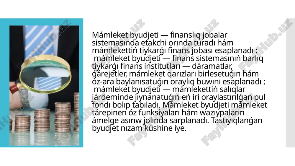 , qurǵaqlıq, shań -qum dúbeleyleri hám temperaturanıń eliriwine qarsı ilaj retinde jámi 600 mıń gektar maydanda “jasıl qatlamlar” - qorǵaw ormanzorlarini qurıw, qattı xojalıq shıǵındılardı toplaw hám alıp shıǵıw xızmetlerin menen qamtıp alıw dárejesin 100 procentke, shıǵındılardı qayta islew dárejesin 65 procentke asırıw, atmosferaǵa shıǵarıp taslanıp atırǵan pataslantıratuǵın elementlar muǵdarın 10, 5 procentke kemeytiw hám basqa zárúrli wazıypalar belgilendi. turaqlı rawajlanıw konsepsiyası qaǵıydalarına muwapıq aymaq, jámááttiń nátiyjeli tákirar islep shıǵarıw ushın zárúr úshlıq maqsetine erisiw: social -ekologiyalıq -ekonomikalıq párawanlıq. mámleket sektorında bul maqset finanslashtirilgan mámleket xızmetlerin kórsetiw arqalı eriwiladi biz shaqırıq etetuǵın mámleket qarjlarınan da mámleket, de jergilikli byudjetler. byudjet klassifikaciyalaw siyasatti qáliplestiriw, resursların tarmaqlar ortasında bólistiriwdi anıqlaw hám húkimet iskerligin anıqlaw ushın zárúrli áhmiyetke iye. klassifikaciyalaw siyasat hám atqarıw ushın juwapkershilikti ornatıw, sonıń menen birge, kúndelik byudjetti basqarıw ushın da zárúr. bul ǵárejetler gruppaların anıqlaw algoritmı da belgilengen uǵımsız : olardıń barlıǵı byudjetti finanslıq támiynlew ushın isletiledi támiyinleytuǵın mákemeler …