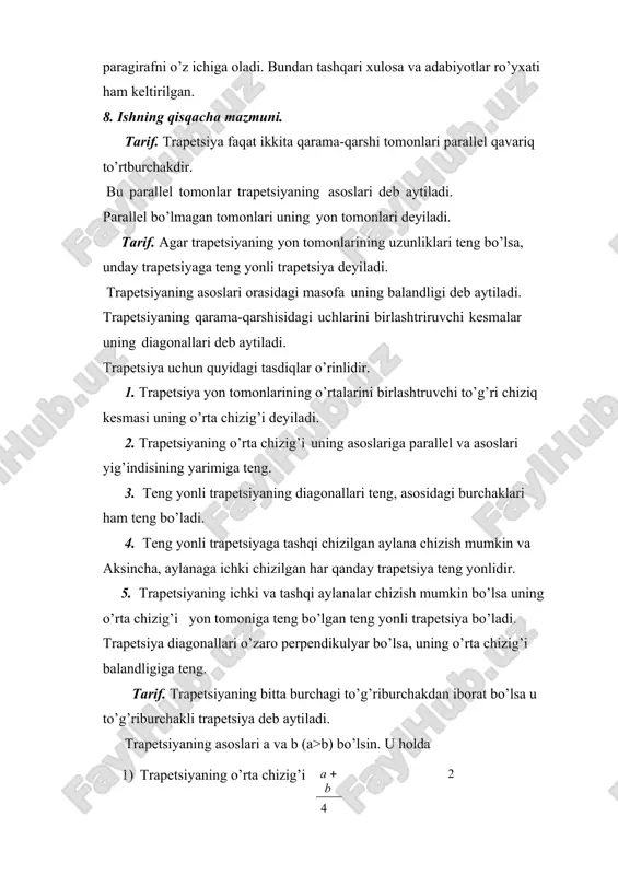 i uning asoslariga parallel va asoslari yig’indisining yarimiga teng. 2. teng yonli trapetsiyaning diagonallari teng, asosidagi burchaklari ham teng bo’ladi. 3. teng yonli trapetsiyaga tashqi chizilgan aylana chizish mumkin. aksincha aylanaga ichki chizilgan har qanday trapetsiya teng yonlidir. 4. trapetsiyaning ichki va tashqi aylanalar chizish mumkin bo’lsa uning o’rta chizig’i yon tomoniga teng bo’lgan teng yonli trapetsiya bo’ladi. 5. trapetsiya diagonallari o’zaro perpendikulyar bo’lsa, uning o’rta chizig’i balandligiga teng. tarif. trapetsiyaning bitta burchagi to’g’riburchakdan iborat bo’lsa u to’g’riburchakli trapetsiya deb aytiladi. trapetsiyaning asoslari a va b (a>b) bo’lsin. u holda 1. trapetsiyaning o’rta chizig’i a  b 2 ga teng. 2. trapetsiya diagonallari o’rtalarini birlashtriruvchi to’g’ri chiziq kesmasi uning asoslari parallel uzunligi a  b 2 gat eng. 3. trapetsiyaning asoslari orasidagi har qanday to’g’ri chiziq kesmasini, uning o’rta chizig’i teng ikkiga bo’ladi. 4. trapetsiya asoslarining o’rtalarining birlashtiruvchi to’g’ri chiziq kesmasi uni ikkita tengdosh trapetsiyaga bo’ladi. 5. trapetsiya tomonlarining o’rtalari …