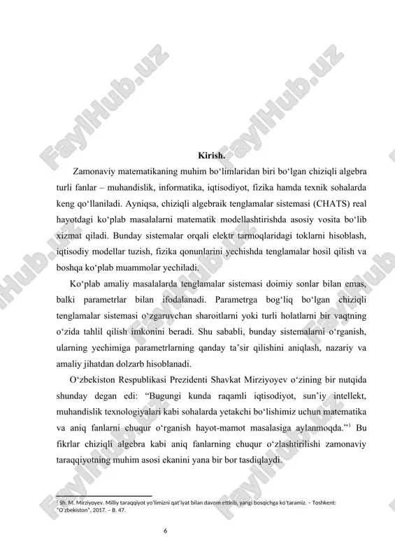 bitiruv malakaviy ishining o‘rganilish darajasi. parametrga bog‘liq chiziqli algebraik tenglamalar sistemasi matematik analiz, algebra va amaliy matematikaning eng muhim bo‘limlaridan biri sifatida ko‘plab olimlar tomonidan chuqur o‘rganilgan. xususan, bu masalalar yechimi bilan bog‘liq nazariy asoslar va amaliy algoritmlar gaus, jordan, krammer, yakobi, zeydel kabi matematiklar tomonidan ishlab chiqilgan va rivojlantirilgan. keyingi yillarda bu mavzu bo‘yicha xorijiy va mahalliy olimlar tomonidan ilmiy tadqiqotlar olib borilib, iteratsion usullar, intervalli koeffitsiyentlar bilan ishlash, kompyuter yordamida yechim topish metodlari bo‘yicha dolzarb natijalar qo‘lga kiritilgan. ayniqsa, o‘zbekistonlik matematik olimlar a. a. sodiqov, s. s. salomov, m. m. to‘xtayev va boshqalarning ilmiy ishlari parametrli sistemalarni optimallashtirish, ularning barqarorligini baholash borasida muhim o‘rin tutadi. shuningdek, universitetlarning algebra va amaliy matematika kafedralarida ushbu mavzuga oid ko‘plab bitiruv ishlari, magistrlik dissertatsiyalari va ilmiy maqolalar tayyorlangan. bu esa mavzuning ilmiy jihatdan yetarlicha o‘rganilganligini, ammo hali ham ba’zi amaliy jihatlari chuqur tahlilga muhtojligini ko‘rsatadi. bitiruv malakaviy ishining maqsad va vazifalari. ishning …