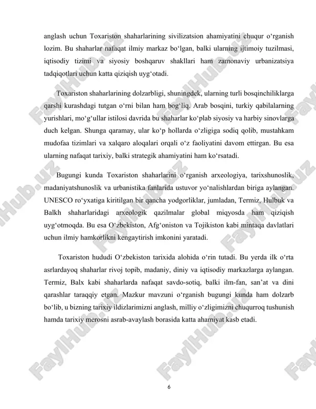o‘rta asr shaharlari masalasi o‘zbekiston va xorijiy tarixshunosligida muhim tadqiqot yo‘nalishlaridan biri bo‘lib kelmoqda. bu borada o‘zbekistonlik olimlar — a. asqarov, m. is’hoqov, a. xayitmetov, n. nematov, r. suleymanov, g. pugachenkova, m. masson kabi tadqiqotchilarning ilmiy ishlari alohida o‘rin tutadi. ayniqsa, termiz, dalvarzintepa, fayoztepa kabi arxeologik yodgorliklarda olib borilgan qazishmalar va ularning natijalari bu hududda shahar hayoti, madaniyati va diniy e’tiqodlar rivojini chuqur yoritishga xizmat qilgan. xorijiy tadqiqotchilardan esa e. rtveladze, b. denike, a. bernshtam, v. barthold va boshqalarning ishlarida toxariston shaharlari haqida muhim ma’lumotlar mavjud. shuningdek, buddaviylik va zardushtiylik madaniy merosi ham turli ilmiy maqola va monografiyalarda tahlil qilingan. shunga qaramay, mazkur mavzu hanuzgacha yangi yondashuv va zamonaviy ilmiy qarashlar asosida chuqur tahlil qilinishiga ehtiyoj sezilmoqda. shu bois, bu mavzuni qayta ko‘rib chiqish va undagi tarixiy-ma’naviy qatlamlarni aniqlash dolzarb vazifalardan hisoblanadi. bitiruv malakaviy ishining maqsad va vazifalari. toxariston hududida ilk o‘rta asrlarda shakllangan shaharlarning paydo bo‘lishi, ularning ijtimoiy-iqtisodiy hayoti, …