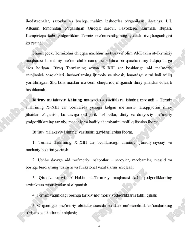 g nazariy asoslari termiz shahrining x–xiii asr boshlaridagi me’morchilik merosini o‘rganishga bag‘ishlangan tarixiy, arxeologik, san’atshunoslik va madaniy tadqiqotlarga tayangan. ushbu sohalarda olib borilgan ilmiy izlanishlar termiz va uning atrofidagi yodgorliklarning paydo bo‘lishi, ularning arxitektura, dekorativ san’at va ijtimoiy-siyosiy kontekstdagi ahamiyatini yoritishda muhim rol o‘ynaydi. tadqiqotda o‘zbek va xorijiy olimlarning, xususan a. x. abduvaliyev, m. r. xo‘jaev, l. i. albaum va ya.g. gulyamov kabi mutaxassislarning ilmiy ishlari nazariy baza sifatida qo‘llanildi. ularning asarlari termizning qadimiy va o‘rta asr me’morchiligini chuqur tushunish uchun muhim manba hisoblanadi. nazariy jihatdan ishda termiz shahrining tarixiy rivojlanish bosqichlari, shaharsozlik prinsiplari va me’moriy inshootlarning badiiy uslubi o‘rganildi. bu jarayonda tarixiy manbalar, arxeologik topilmalar va me’moriy obidalar tahlil qilindi. tadqiqot shuningdek, termizning o‘rta asrlar davridagi siyosiy va ijtimoiy-madaniy muhiti bilan bog‘liq tarixiy holatlar asosida amalga oshirildi. uslubiy jihatdan, ishda tarixiy-taqqoslov metodi, tavsifiy va tizimli tahlil, arxeologik qazishma materiallarini o‘rganish va san’atshunoslik yondashuvi keng qo‘llanildi. tarixiy ma’lumotlarni taqqoslash orqali …