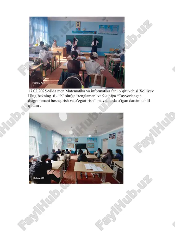 idan dars o`tishnig turli usullarini o`rgandim. ayniqsa, matematika va informatika fani o`qituvchilari xolliyev ulug’bekning, ona tili va adabiyot fani o’qituvchisi haydarova nilufarning dars o`tishi menda katta taassurot qoldirdi. men ham ushbu o`qituvchilardek ishlashga harakat qilaman. o`qituvchilik mashaqqatli ekanligiga yana bir bor amin bo`ldim. men 20-sonli umumiy o’rta ta’lim maktabning barcha o`qituvchilarga minnatdorchilik bildiraman. 20.03.2025 yilda malakaviy amaliyot yakunlandi. maktab direktori: nazarov baxodir __________ hisobotni tayyorlovchi: xo’jaqulova nozima abduhamid qizi _____ 25.02.2025 image4.png image5.png image6.png image7.png image8.png image9.png image10.png image11.png image1.png image2.png image3.png o`zbekiston respublikasi oliy ta`lim , fan va innovatsiyalar vazirligi termiz davlat pedagogika instituti tabiiy va aniq fanlar fakulteti matematika va informatika kafedrasi 4+2 malakaviy amaliyot yuzasidan hisobot amaliyot rahbari: nuraliyeva feruza amaliyotchi: ii - bosqich 20 2 - guruh talabasi xo’jaqulova nozima abduhamid qizi 202 4 - 202 5 o`quv yi li /docprops/thumbnail.emf o`zbekiston respublikasi oliy ta`lim, fan va innovatsiyalar vazirligi termiz davlat pedagogika instituti tabiiy va aniq …