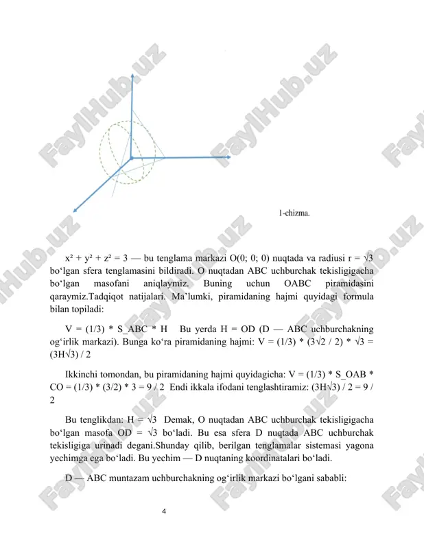 adi. grafik chizilsa, chiziq (0,3) va (3,0) nuqtalari orqali o‘tadi. bu chiziq va x o‘qi kesishgan nuqta – tenglama ning yechimi bo‘lib, bo‘ladi. rasm 3. (chiziq y o‘qini 1 nuqtada kesadi, har bir x uchun y qiymati 2 marta ortib boradi). algebraik-geometrik yondashuv. parabola: y = x² - 4x + 3. chiziq: y = x + 1 ushbu ikkita ifoda grafikka tushirilsa, ular ikki nuqtada kesishadi. bu nuqtalar – tenglamalar sistemasining yechimlari. bu usul orqali yechimlarni vizual tarzda ko‘rib, so‘ngra algebraik hisob-kitoblar bilan aniqlash mumkin bo‘ladi. geometrik talqin: kesishgan nuqtalarni topish uchun: x² - 4x + 3 = x + 1 => x² - 5x + 2 = 0 6-rasm: algebraik va geometrik yondashuvning grafik ifodasi. xulosa. algebraik masalalarni yechishda geometrik shakllardan foydalanish matematikada samarali yondashuvlardan biri sifatida tanilgan. geometrik usullar algebraik tenglamalar va tengsizliklarni vizual tarzda ifodalash imkonini beradi, bu esa yechimlarni yanada osonroq tushunish va tasavvur qilish imkonini …