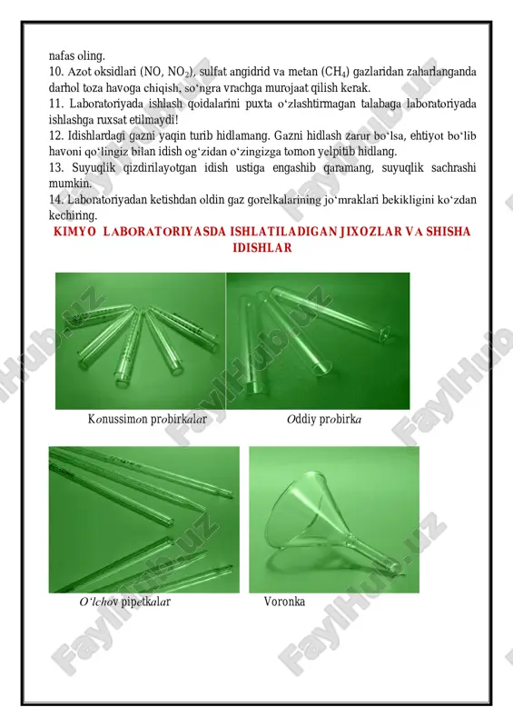 ni parchalash natijasida ham oksidlar hosil qilish mumkin . oson parchalanadigan tuzlar sifatida ammoniy dixrimat (nh4)cr2o7 yoki kaliy dixromat k2cr2o7 dan foydalanish mumkin. bu tuzlardan ozroq miqdorda olib chinni plitkacha ustiga solinadi. uning ustiga ozgina spirt tomiziladi va yoqiladi. bunda ammoniy dixromat tuzi huddi sun‟iy vulqon hosil qilgandek bo‟lib parchalanadi. tajribaning borishini kuzatganimiz holda reaksiya tenglamasini yozing. kuzatilayotgan o‟zgarishlarni tushuntiring . 3–tajriba : oksidlarga kislotalar ta’sir ettirib, tuz hosil qilish. bu ishni bajarish uchun probirkaga mis(ii)– oksiddan ozroq soling. uning ustiga 20 %li sulfat kislotadan yetarli miqdorda quying. so‟ng probirkani shtatiga o‟rnatib, ohista qizdiring.qizdirish jarayonini probirkadagi mis oksidi batamom erib ketguncha davom ettiring. eritmaning rangi qanday o‟zgarishini kuzating va bajarilgan tajribaning reaksiya tenglamasini yozing 4– tajriba : neytrallash reaksiyasi asosida tuz hosil qilish. buning uchun 1 l suvda 160 gr naoh eritib tayyorlangan eritmasidan 10 ml o‟lchab olib, ilgaritddan tayyorlab qo‟yilgan og‟irligi ma‟lum bo‟lgan , chinni kosachag solinadi. uning ustiga …