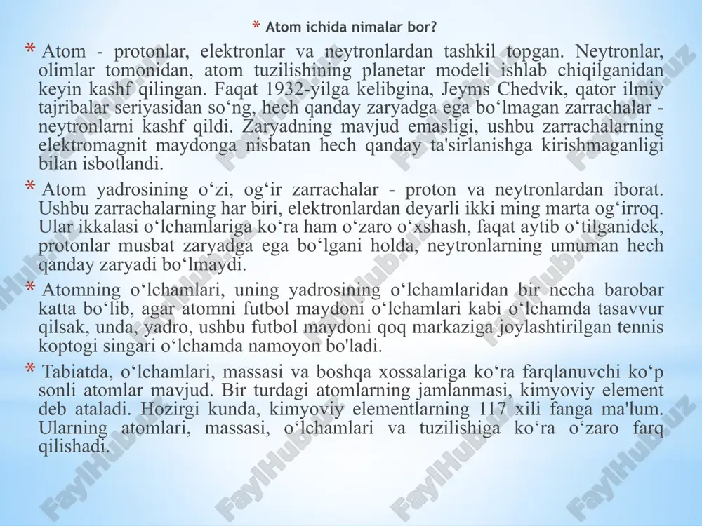 ilda daniya fizigi nils bor ishlab chiqdi. bu eng oddiy atom – vodorod atomining nazariyasi edi. nils bor rezerford tajribalarining natijalaridan va o’sha vaqtlarda ma’lum bo’lgan atomlar vodorodning spektri haqidagi ma’lumotlardan foydalandi. u vodorod atomini quyidagi ko’rinishda tasavvur qildi: proton (atom yadrosi) atrofida aylanma orbita bo’lib elektron harakatlanadi. 9 neytron - zaryadsiz zarracha, yadro tarkibida bo'ladi, uning massasi 1,0087 m.a.b. ga teng. proton - musbat zaryadli zarracha bo'lib, uning massasi 1,0073 m.a.b. (massa atom birligi)ga va zaryadi +1 ga teng, yadro tarkibiga kiradi, vodorod yadrosidir. nuklonlar - yadro tarkibidagi proton va neytronlarning umumiy nomi. bu ikki xil zarrachalar deyarli bir xil massaga ega bo'lib, u taxminan bir uglerod birligiga teng. massalar soni nuklonlarning umumiy sonini, yani ayni element atom yadrosidagi proton va neytronlar sonini bildiradi element atomlarida elektronlar pog'onachalarda quyidagi tartibda to'lib boradi: 1s22s22p63s23p64s23d104p65s24d105p66s24f145d106p67s25f146d107p6 va h.z. image1.jpg image2.png image3.png image4.emf ______microsoft_powerpoint1.sldx image5.emf ______microsoft_powerpoint2.sldx image6.emf ______microsoft_powerpoint3.sldx image7.emf ______microsoft_powerpoint4.sldx image8.emf ______microsoft_powerpoint5.sldx image9.emf …