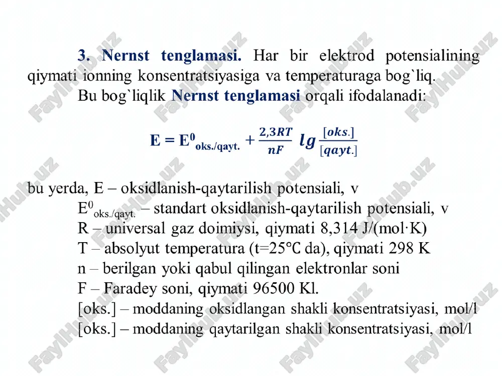 metallar korroziyasi va undan himoyalanish va boshqalar elektrokimyo rivojlanishida muhim ahamiyatga ega bo'ldi. karboksil kislota tuzlarining elektrolizi kolbe reaktsiyasi kolbadagi elektroliz karboksil kislota tuzlari eritmalarining elektrolizidir. reaksiya davomida tegishli alkanlar hosil bo'ladi. misol uchun, natriy asetat ch3coona suvli eritmasining elektrolizini ko'rib chiqing. suvli eritmada natriy asetat deyarli butunlay ajralib chiqadi: ch3coona → ch3coo– + na+ shu bilan birga, natriy kationlar na+ va suv molekulalari h2o katodga jalb qilinadi. katodda tuz, suv molekulalari bo'ladi, chunki vodorod ionlarining oksidlovchi xususiyatlari gidroksidi metall kationlarining oksidlovchi xususiyatlaridan oshib ketadi: k(-): 2h2o + 2e = h2 + 2oh– asetat ionlari anodda oksidlanadi, ya'ni karboksil guruhining uglerod atomi. shu bilan birga, karboksil guruhidan gazli etan hosil qiluvchi metil radikallar mavjud. a(+): 2ch3coo– — 2e = 2co2 + ch3–ch3 natriy asetatning suvli eritmasi elektrolizining umumiy tenglamasi: 2ch3coona + 2h2o → h2 + 2naoh + 2co2 + ch3–ch3 umumiy shaklda olinadi: 2r–coona + 2h2o → h2 + 2naoh …